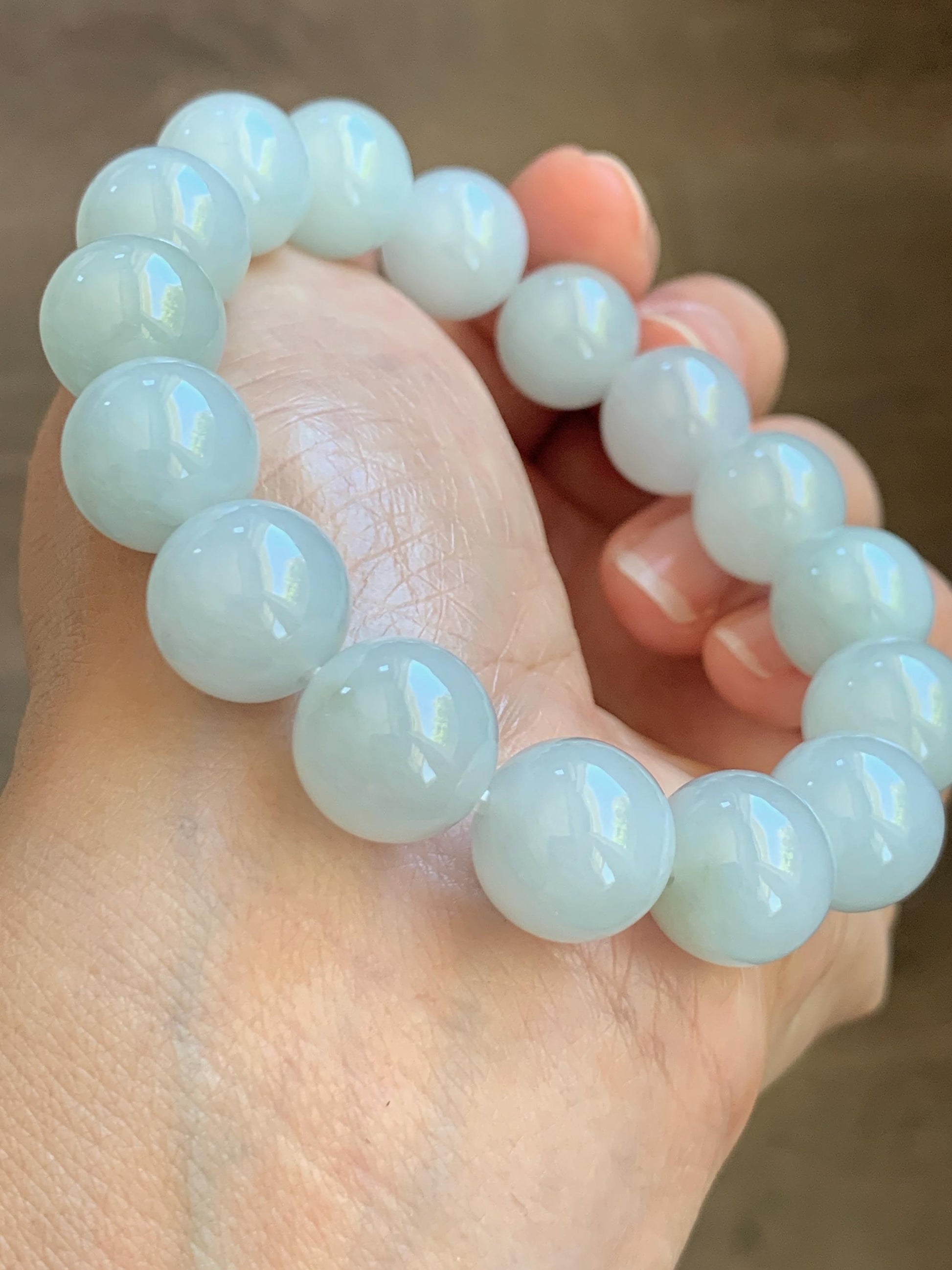 Natural Grade A Icy Translucent White Pale Green Undertone Jade Jadeite Large Beads Beaded Bracelet 12.7mm 7.5” 58g 天然冰胶淡底色翡翠大卡圆珠手串 MDS990A