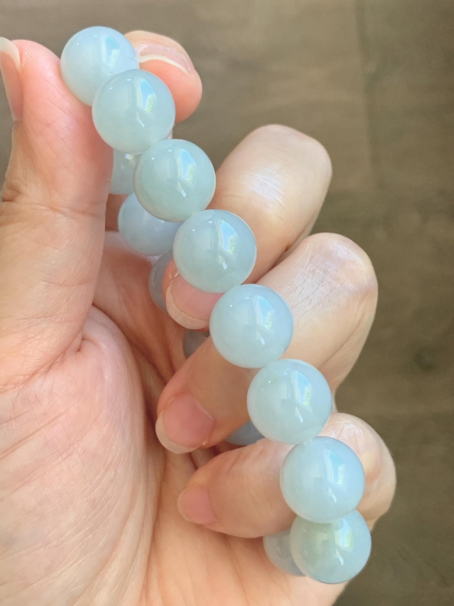 Natural Grade A Icy Translucent White Pale Green Undertone Jade Jadeite Large Beads Beaded Bracelet 12.7mm 7.5” 58g 天然冰胶淡底色翡翠大卡圆珠手串 MDS990A