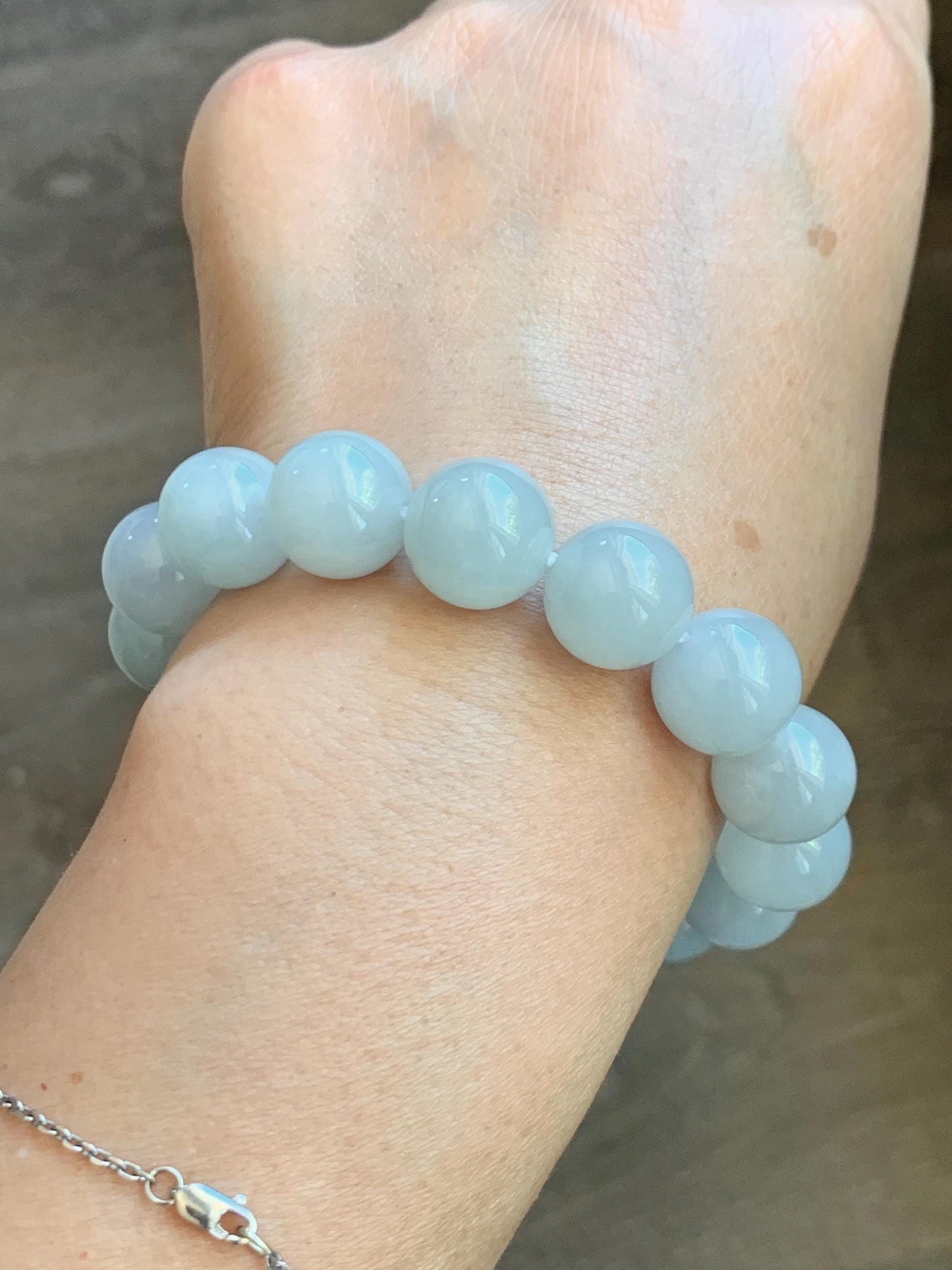 Natural Grade A Icy Translucent White Pale Green Undertone Jade Jadeite Large Beads Beaded Bracelet 12.7mm 7.5” 58g 天然冰胶淡底色翡翠大卡圆珠手串 MDS990A