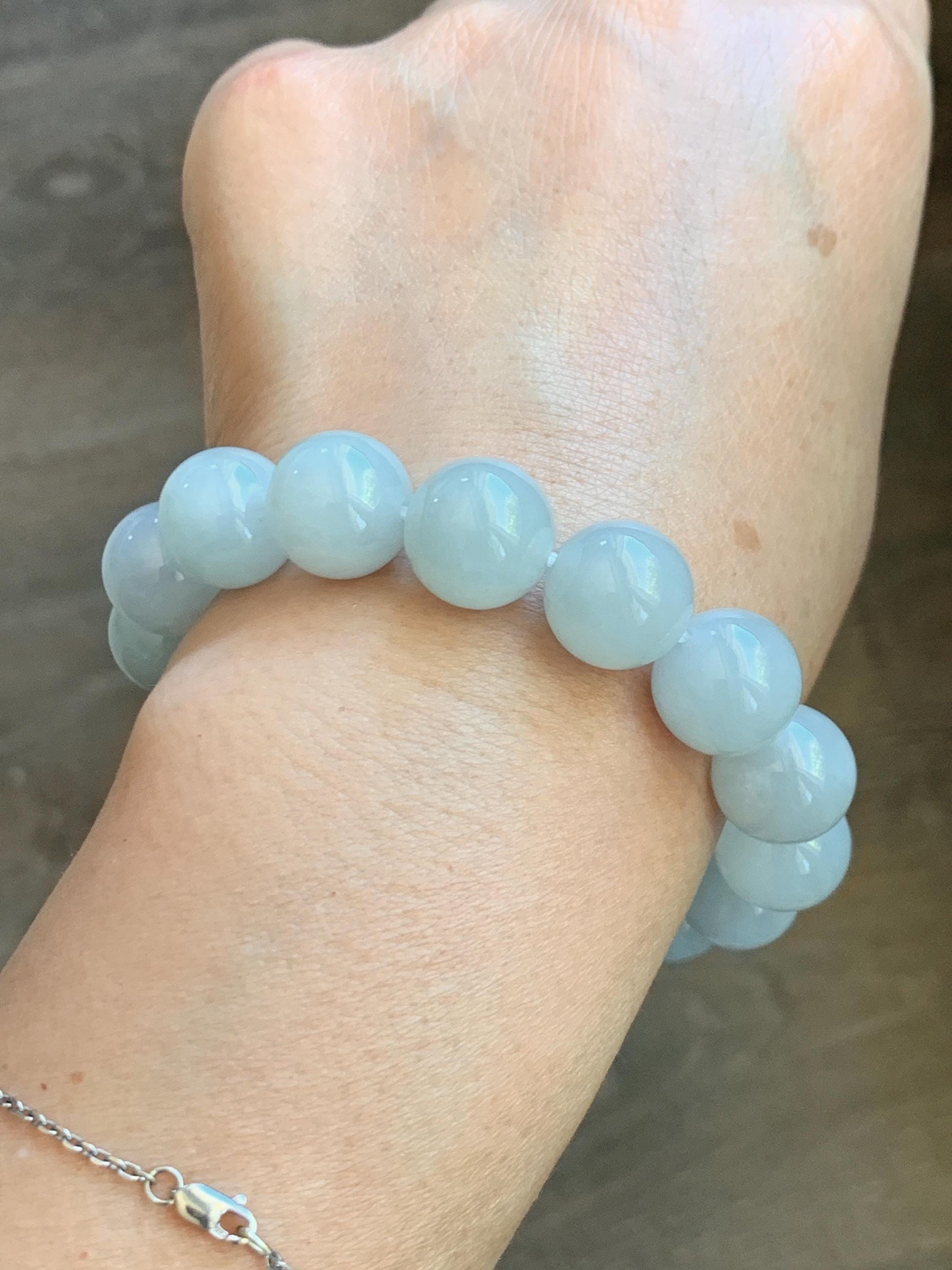 Natural Grade A Icy Translucent White Pale Green Undertone Jade Jadeite Large Beads Beaded Bracelet 12.7mm 7.5” 58g 天然冰胶淡底色翡翠大卡圆珠手串 MDS990A
