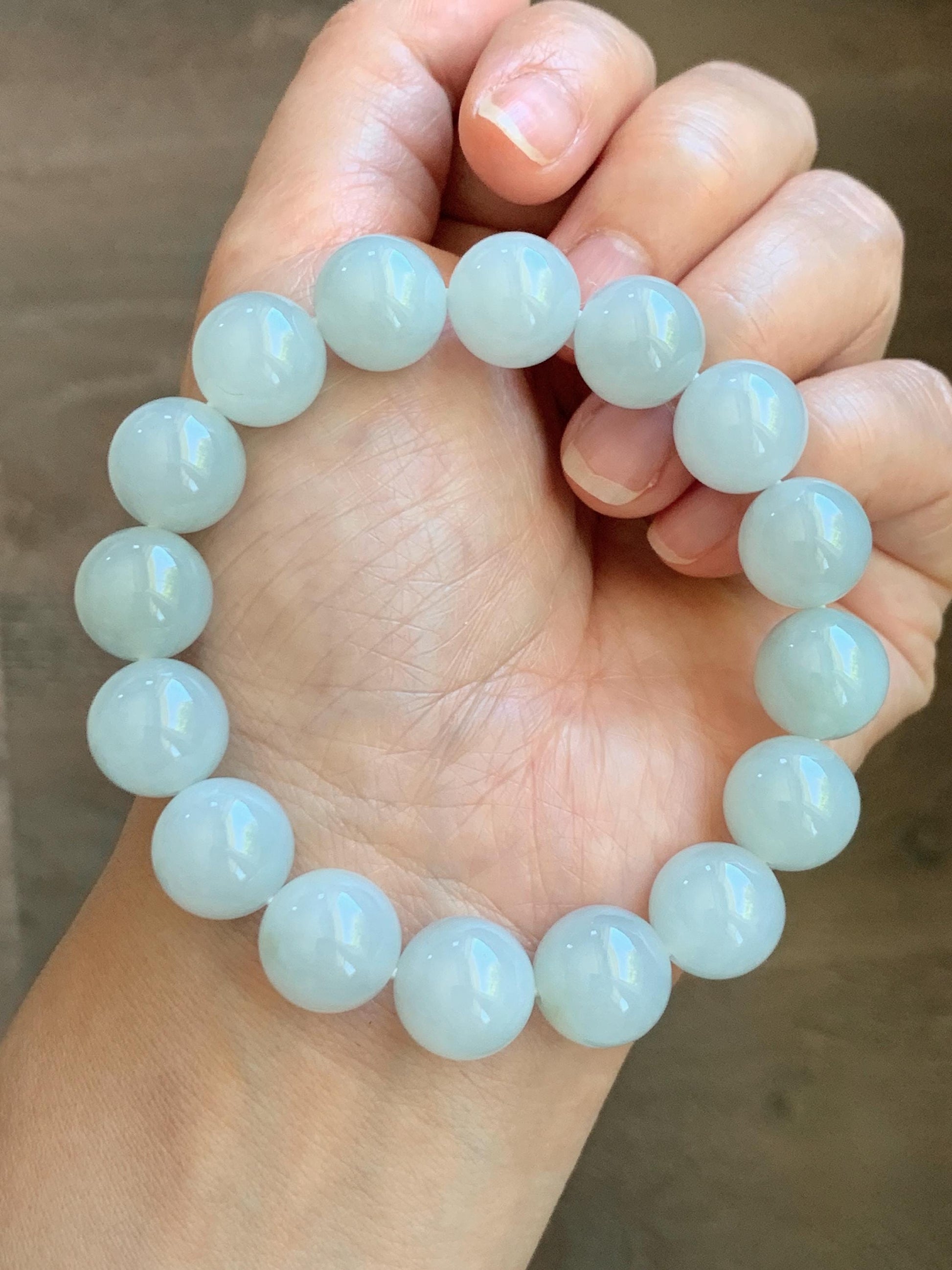 Natural Grade A Icy Translucent White Pale Green Undertone Jade Jadeite Large Beads Beaded Bracelet 12.7mm 7.5” 58g 天然冰胶淡底色翡翠大卡圆珠手串 MDS990A