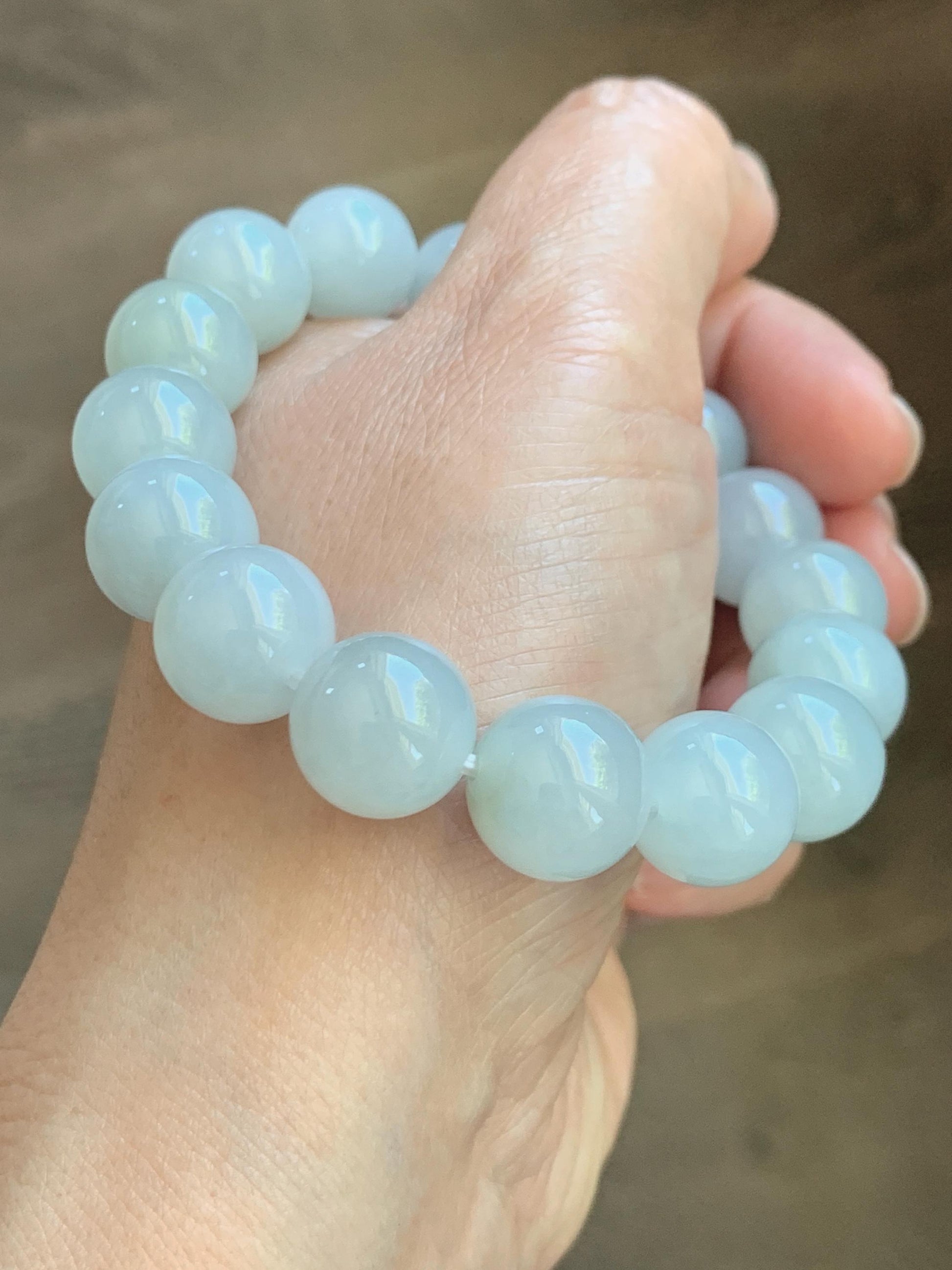 Natural Grade A Icy Translucent White Pale Green Undertone Jade Jadeite Large Beads Beaded Bracelet 12.7mm 7.5” 58g 天然冰胶淡底色翡翠大卡圆珠手串 MDS990A