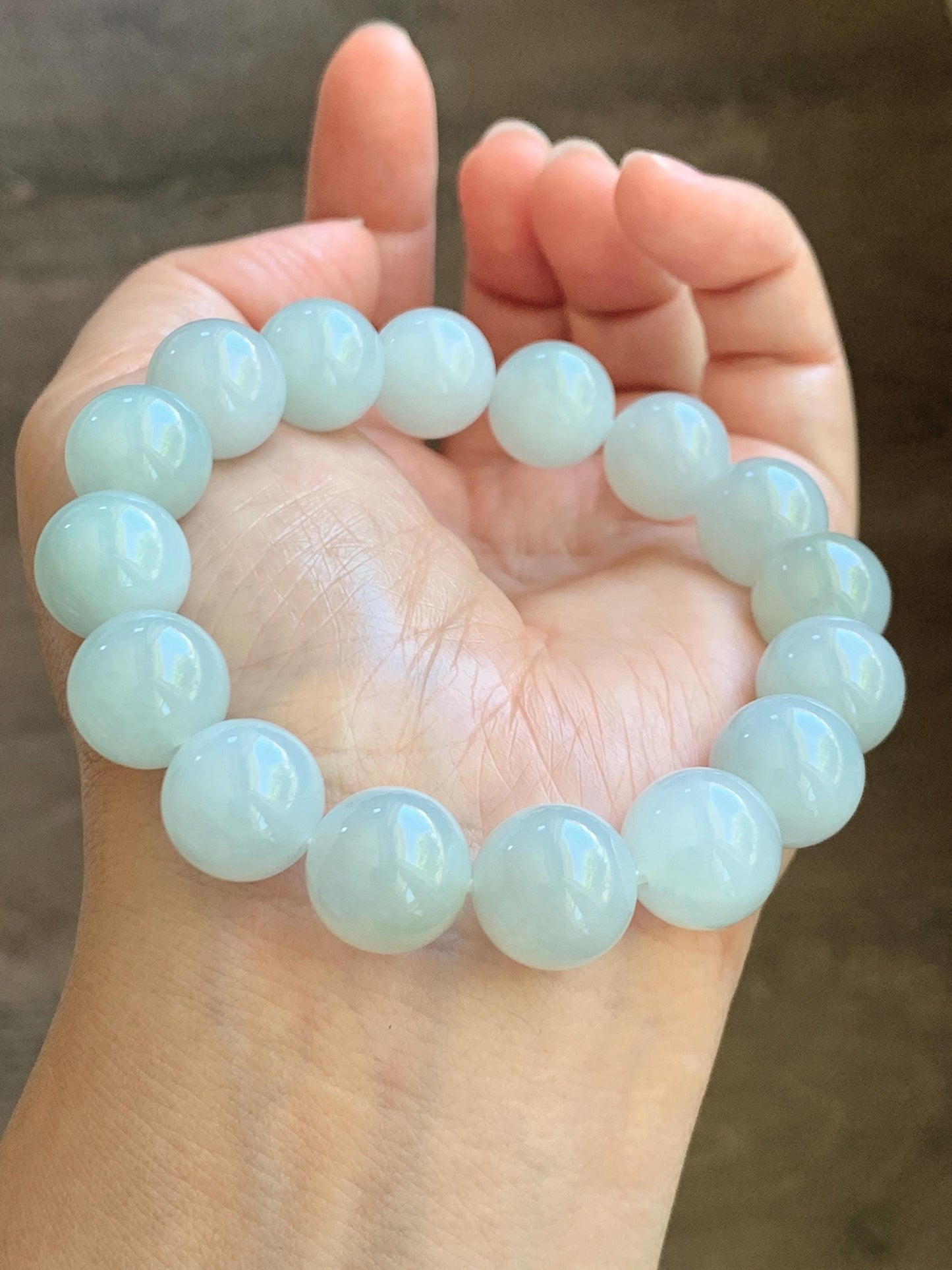 Natural Grade A Icy Translucent White Pale Green Undertone Jade Jadeite Large Beads Beaded Bracelet 12.7mm 7.5” 58g 天然冰胶淡底色翡翠大卡圆珠手串 MDS990A