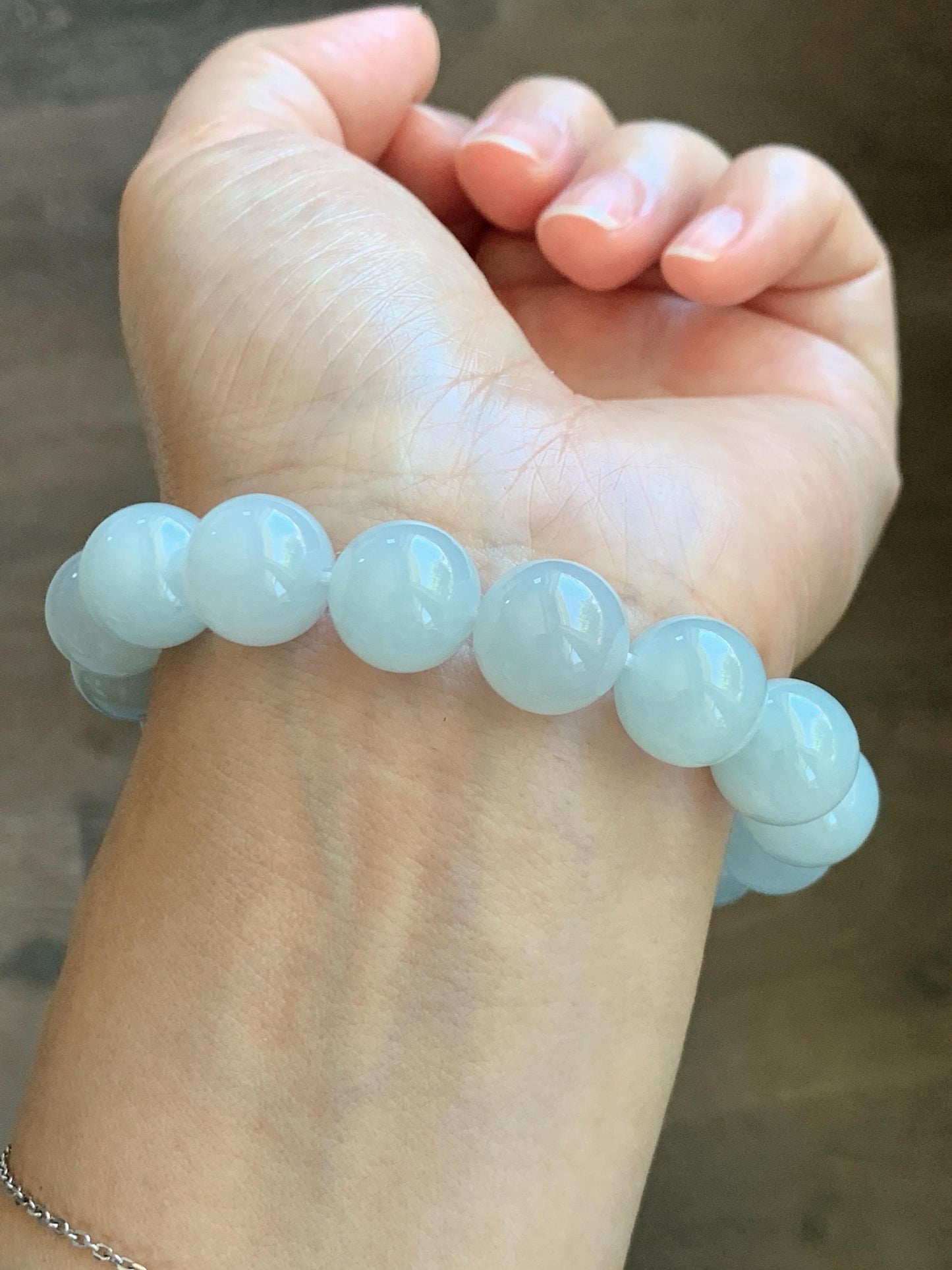 Natural Grade A Icy Translucent White Pale Green Undertone Jade Jadeite Large Beads Beaded Bracelet 12.7mm 7.5” 58g 天然冰胶淡底色翡翠大卡圆珠手串 MDS990A