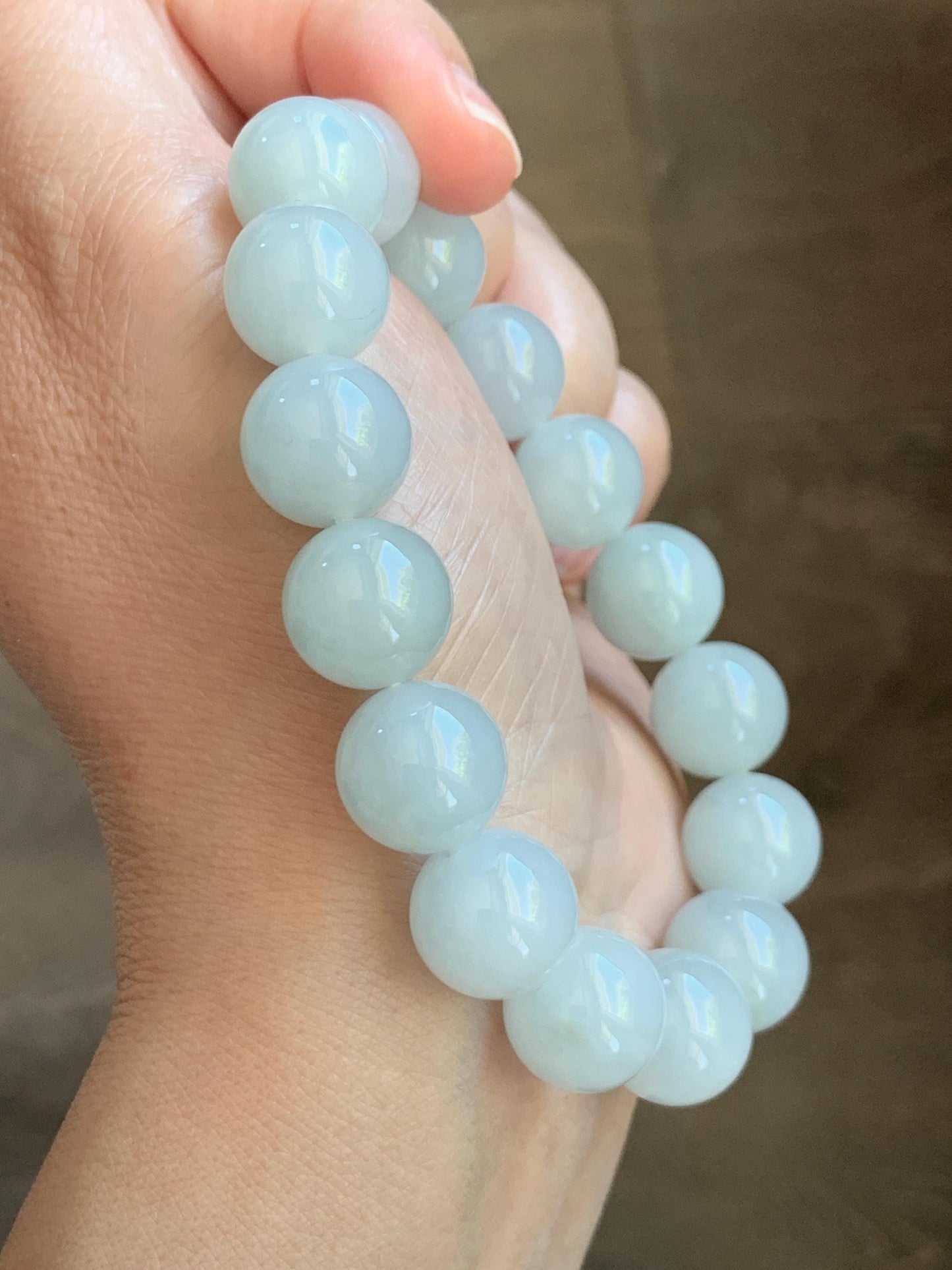 Natural Grade A Icy Translucent White Pale Green Undertone Jade Jadeite Large Beads Beaded Bracelet 12.7mm 7.5” 58g 天然冰胶淡底色翡翠大卡圆珠手串 MDS990A