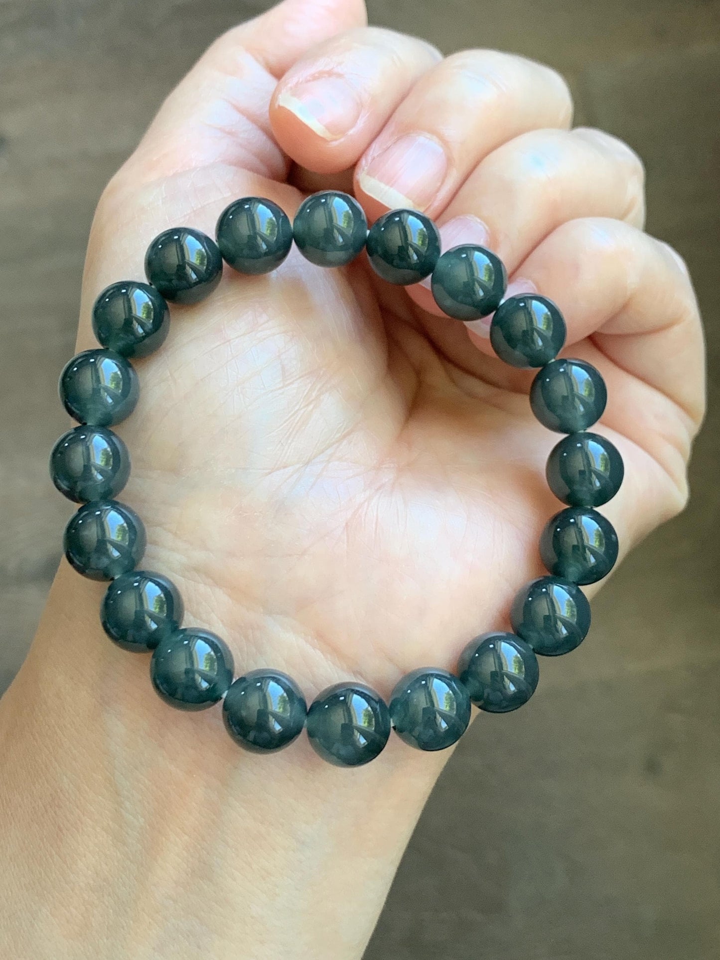 Natural Grade A Guatemalan Icy Translucent Dark Gray Wuji Jade Jadeite Beads Beaded Bracelet 9.7mm 7.25” 32g 天然冰胶危乌鸡翡翠手串 WWJ110