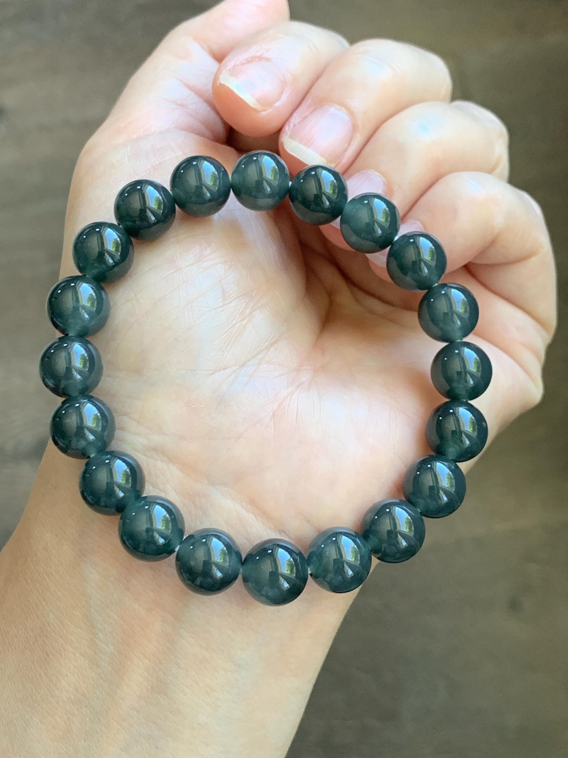 Natural Grade A Guatemalan Icy Translucent Dark Gray Wuji Jade Jadeite Beads Beaded Bracelet 9.7mm 7.25” 32g 天然冰胶危乌鸡翡翠手串 WWJ110