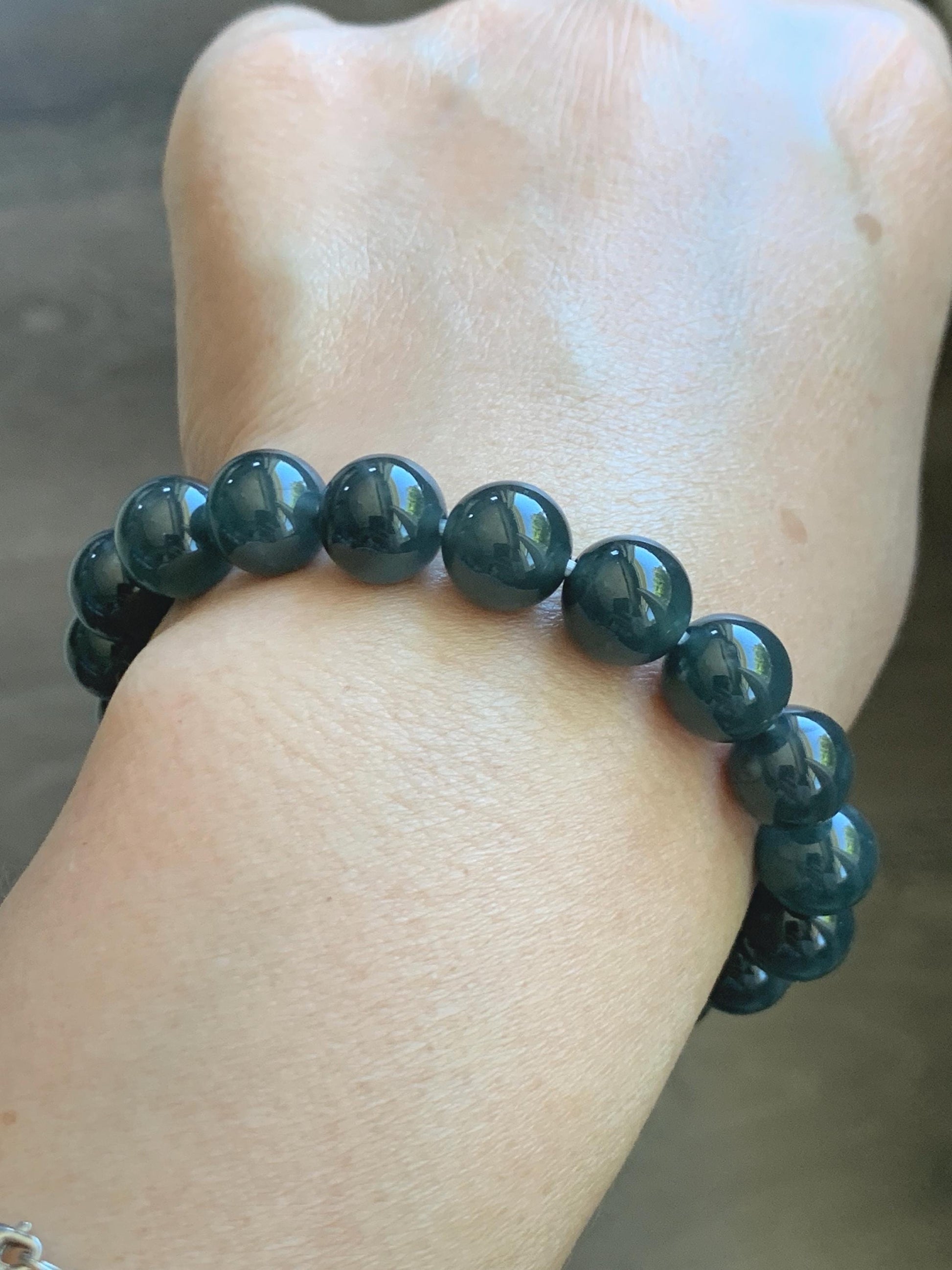Natural Grade A Guatemalan Icy Translucent Dark Gray Wuji Jade Jadeite Beads Beaded Bracelet 9.7mm 7.25” 32g 天然冰胶危乌鸡翡翠手串 WWJ110