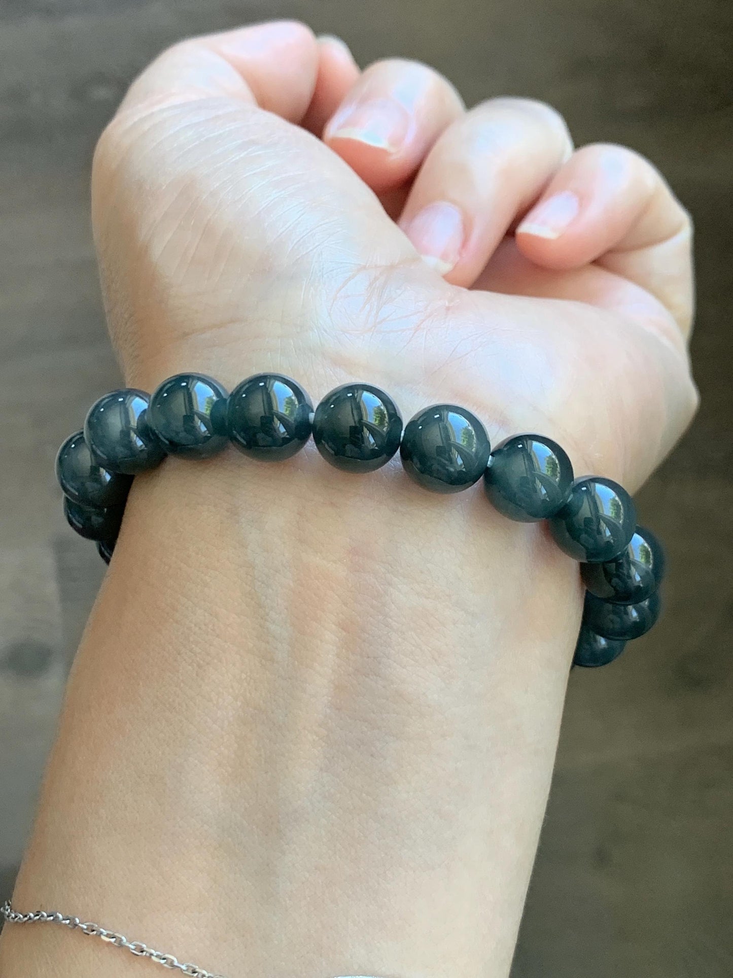 Natural Grade A Guatemalan Icy Translucent Dark Gray Wuji Jade Jadeite Beads Beaded Bracelet 9.7mm 7.25” 32g 天然冰胶危乌鸡翡翠手串 WWJ110