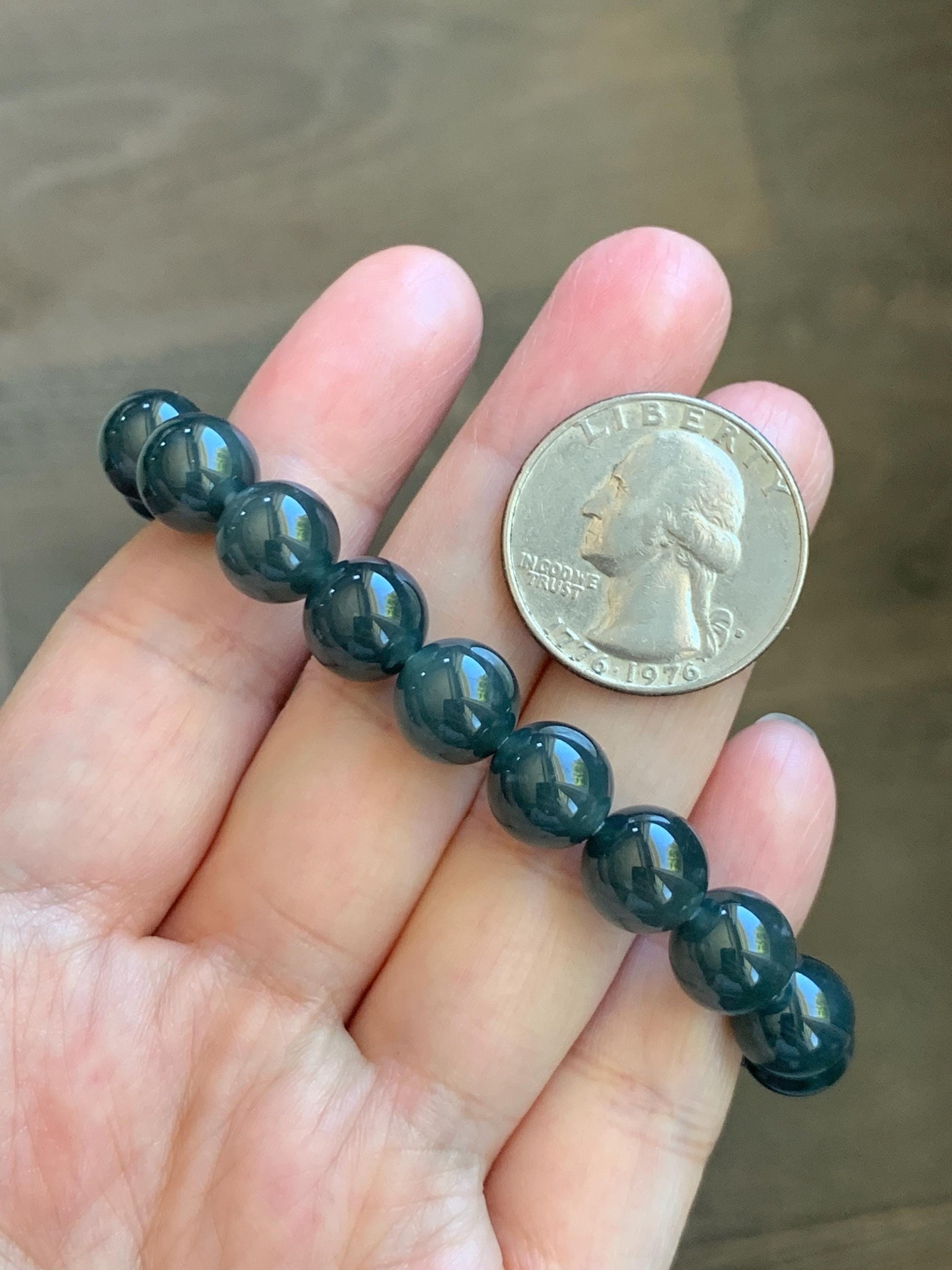 Natural Grade A Guatemalan Icy Translucent Dark Gray Wuji Jade Jadeite Beads Beaded Bracelet 9.7mm 7.25” 32g 天然冰胶危乌鸡翡翠手串 WWJ110