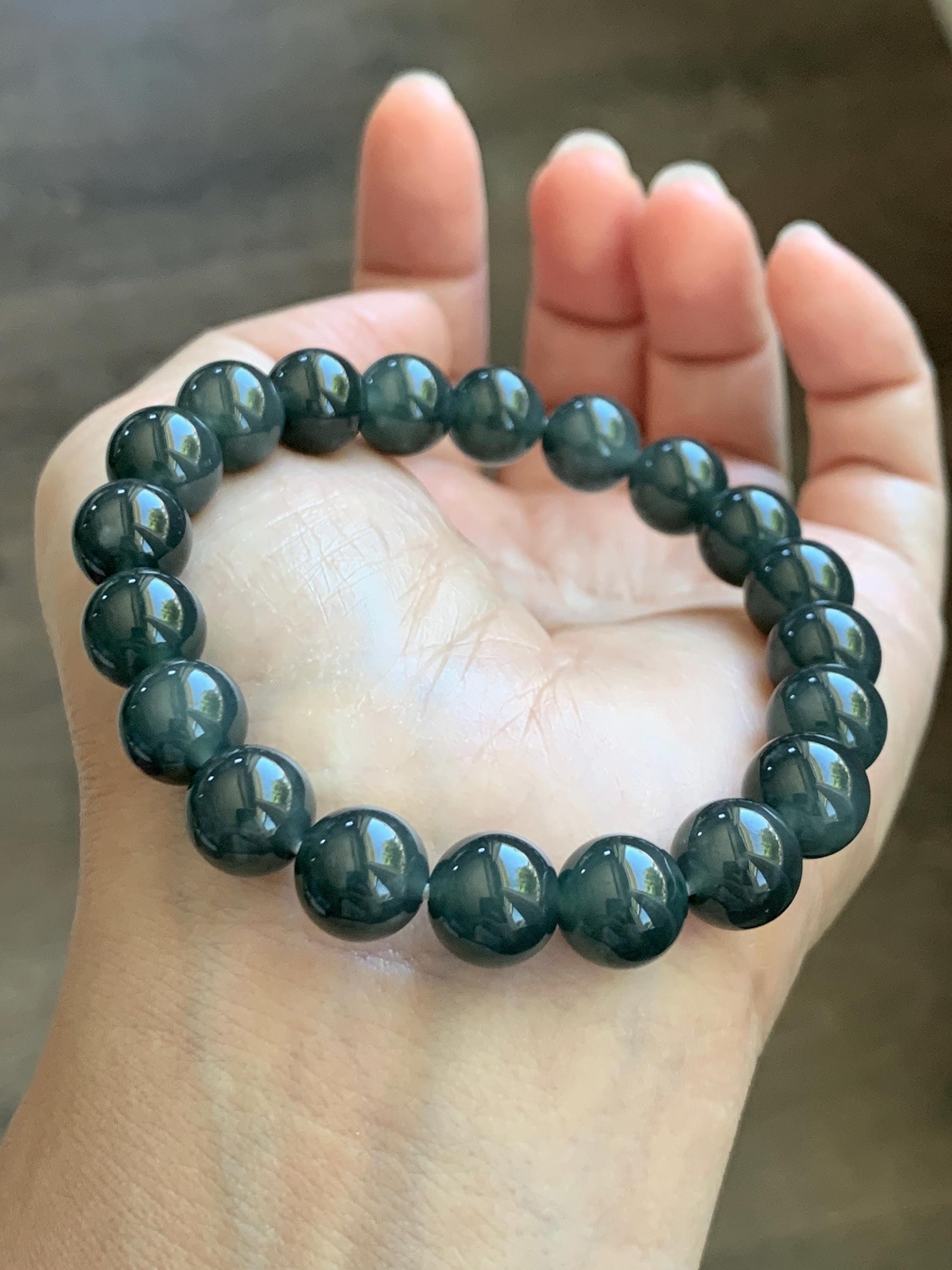 Natural Grade A Guatemalan Icy Translucent Dark Gray Wuji Jade Jadeite Beads Beaded Bracelet 9.7mm 7.25” 32g 天然冰胶危乌鸡翡翠手串 WWJ110