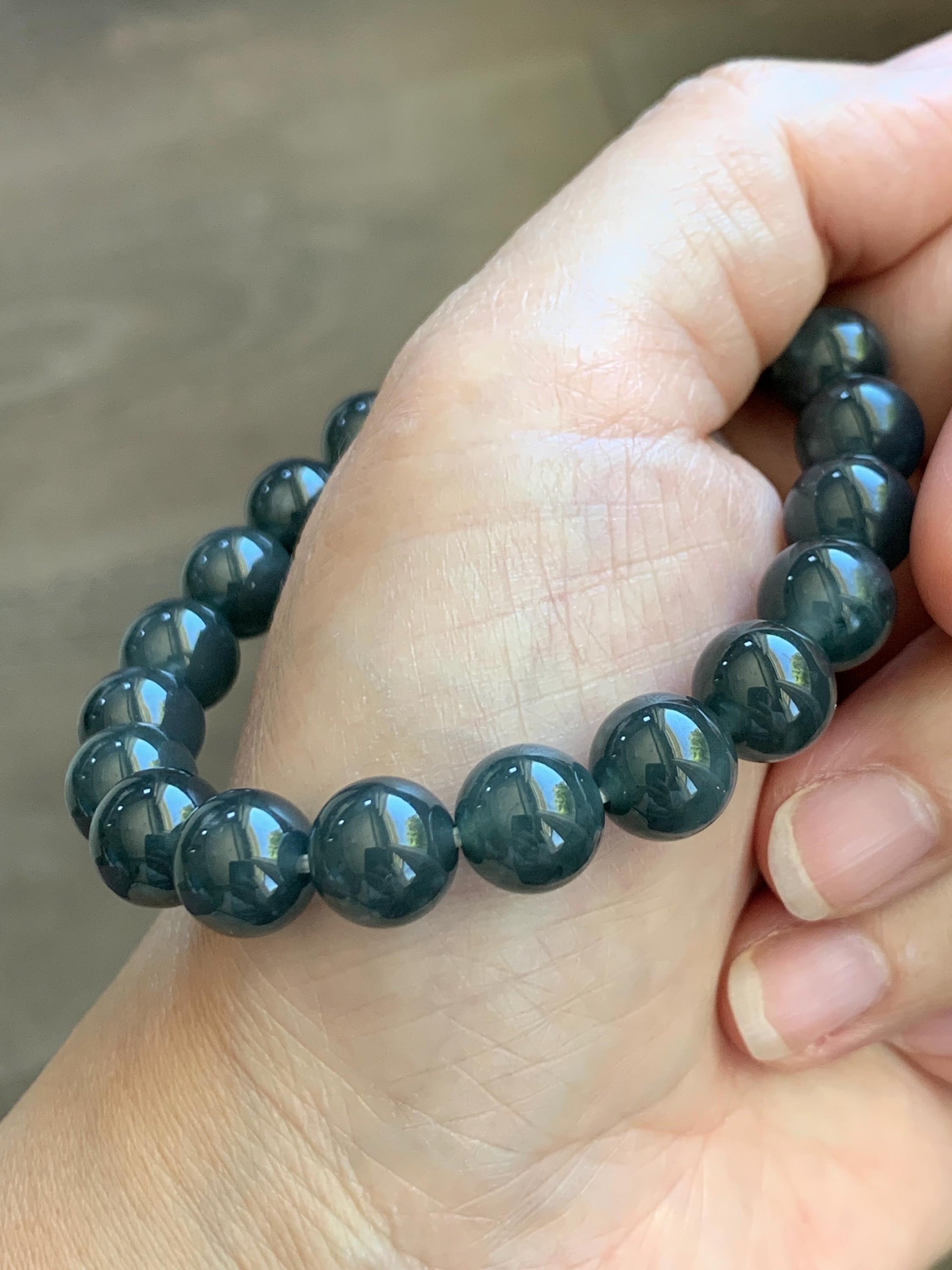 Natural Grade A Guatemalan Icy Translucent Dark Gray Wuji Jade Jadeite Beads Beaded Bracelet 9.7mm 7.25” 32g 天然冰胶危乌鸡翡翠手串 WWJ110