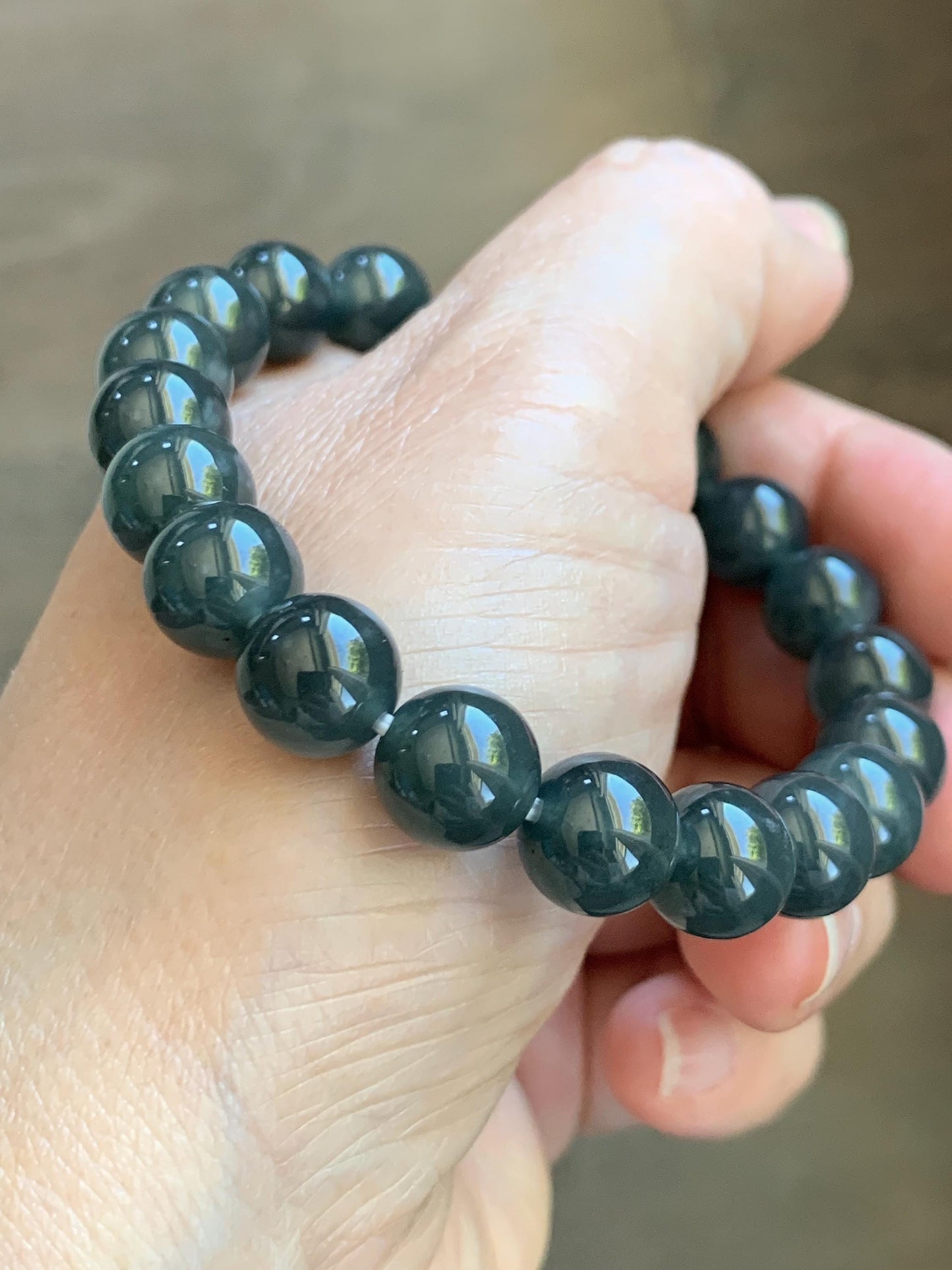 Natural Grade A Guatemalan Icy Translucent Dark Gray Wuji Jade Jadeite Beads Beaded Bracelet 9.7mm 7.25” 32g 天然冰胶危乌鸡翡翠手串 WWJ110