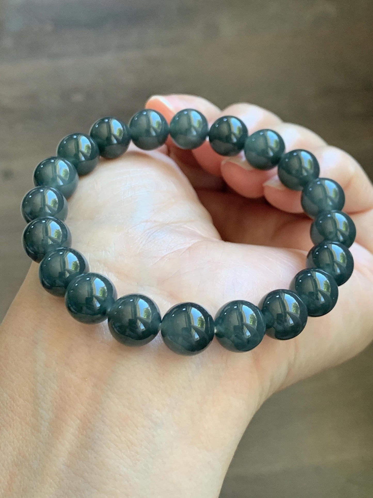 Natural Grade A Guatemalan Icy Translucent Dark Gray Wuji Jade Jadeite Beads Beaded Bracelet 9.7mm 7.25” 32g 天然冰胶危乌鸡翡翠手串 WWJ110