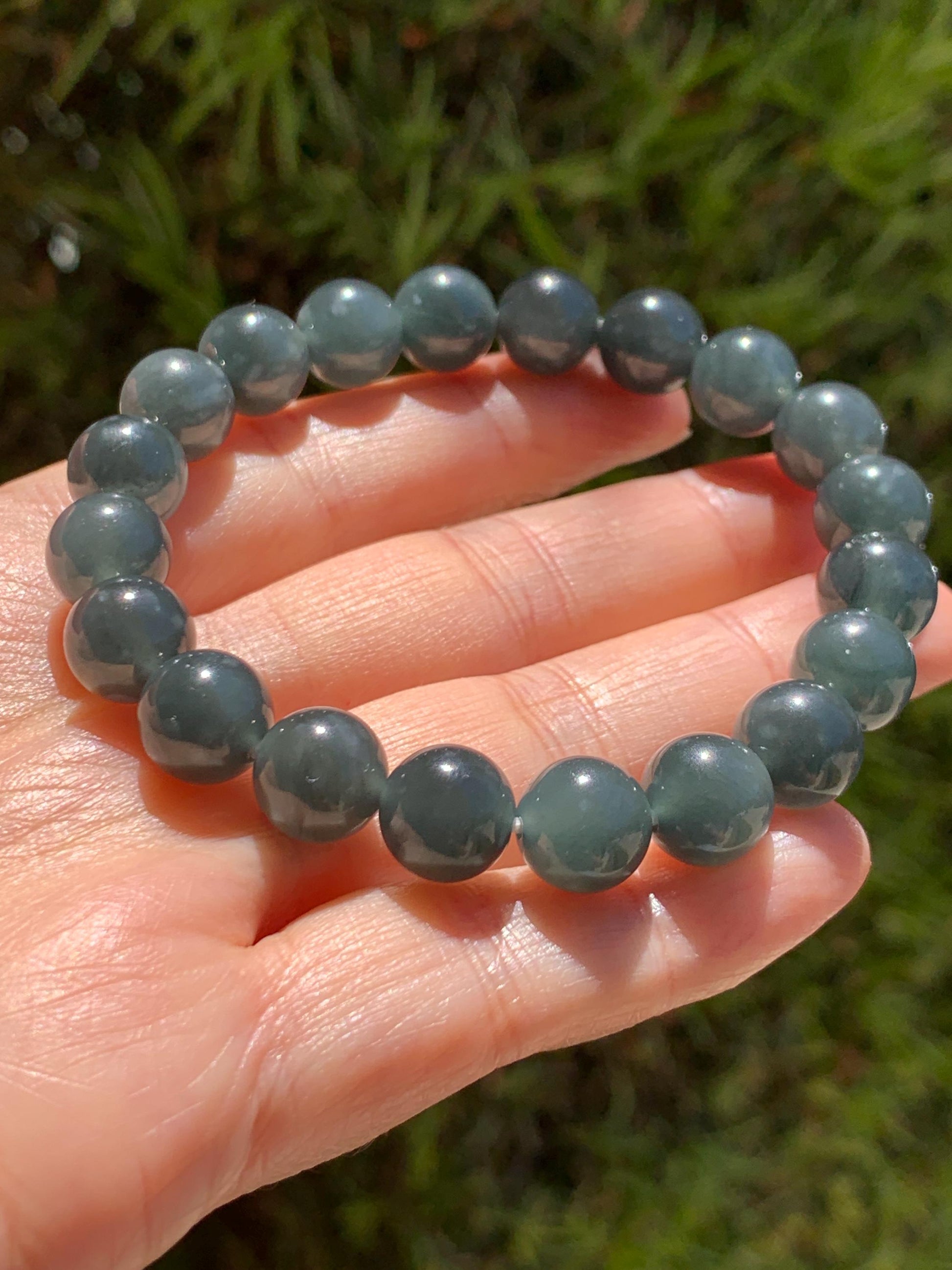 Natural Grade A Guatemalan Icy Translucent Dark Gray Wuji Jade Jadeite Beads Beaded Bracelet 9.7mm 7.25” 32g 天然冰胶危乌鸡翡翠手串 WWJ110