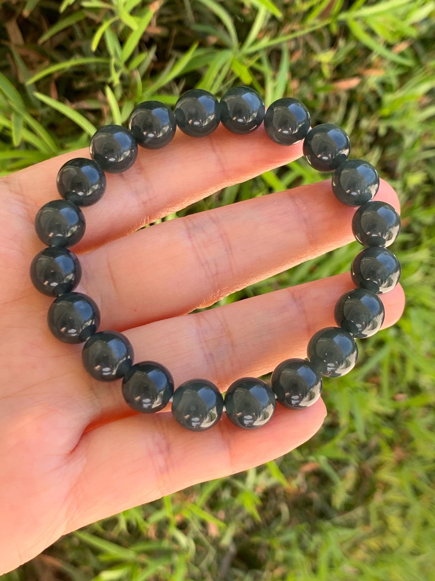 Natural Grade A Guatemalan Icy Translucent Dark Gray Wuji Jade Jadeite Beads Beaded Bracelet 9.7mm 7.25” 32g 天然冰胶危乌鸡翡翠手串 WWJ110