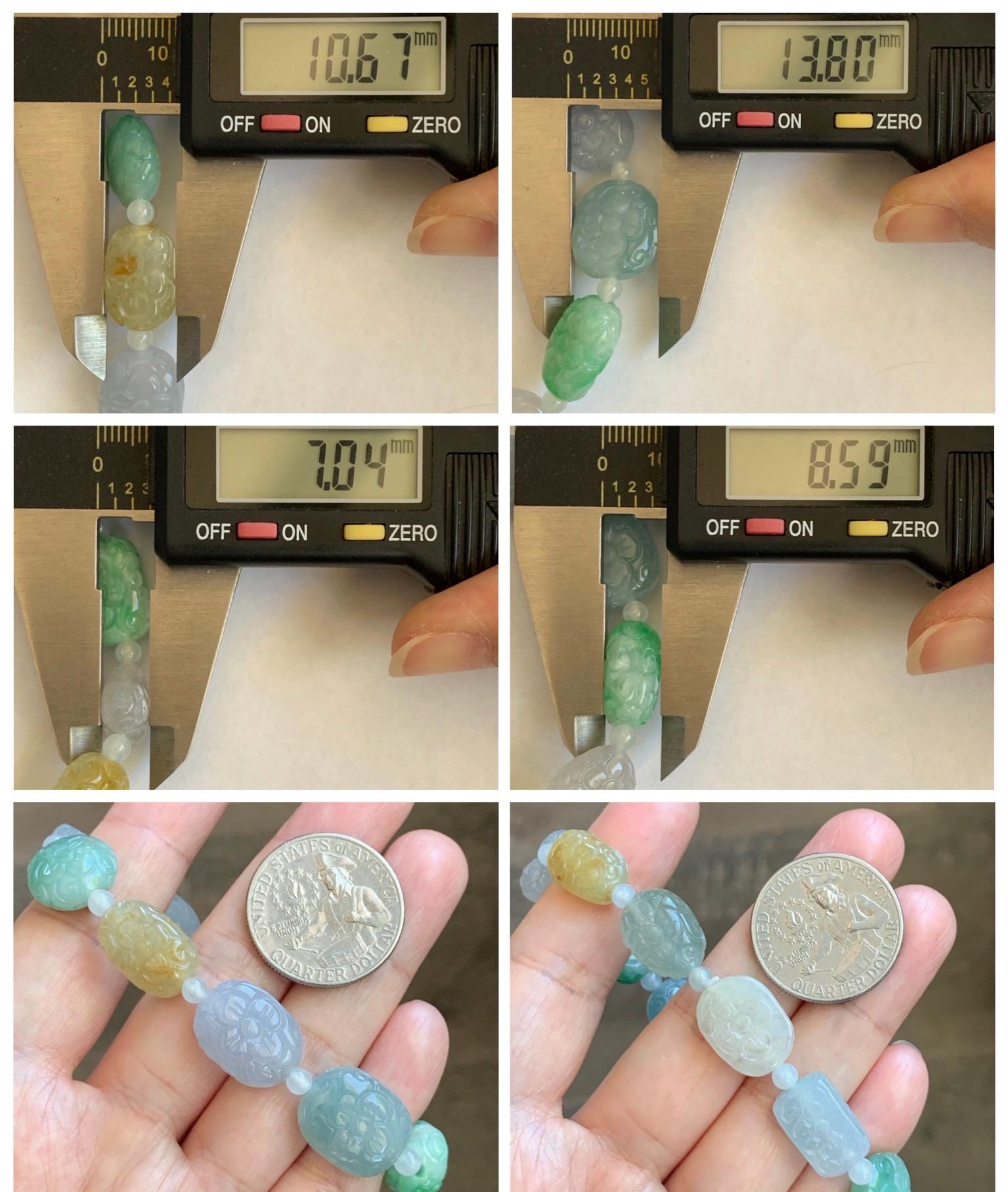 Natural Grade A Icy Highly Translucent Multicolored Jade Jadeite Engraved Retro Beads Beaded Bracelet 6.75” 30g 天然冰胶多宝翡翠雕刻随形珠手串 MDB650