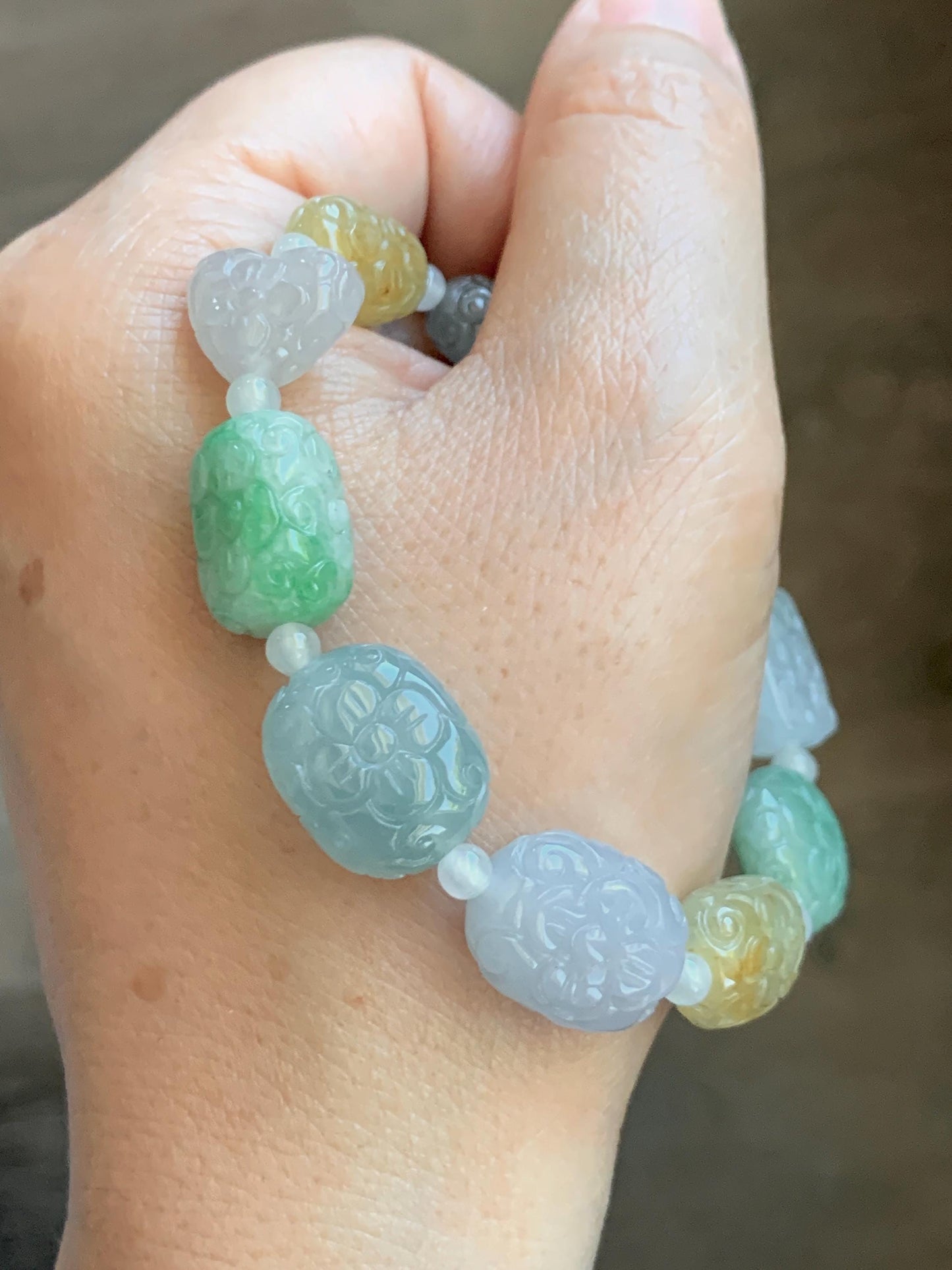 Natural Grade A Icy Highly Translucent Multicolored Jade Jadeite Engraved Retro Beads Beaded Bracelet 6.75” 30g 天然冰胶多宝翡翠雕刻随形珠手串 MDB650