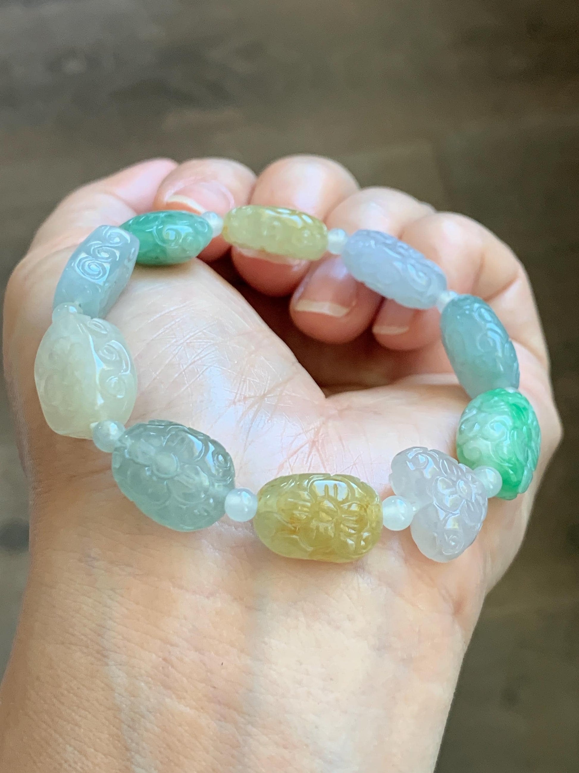 Natural Grade A Icy Highly Translucent Multicolored Jade Jadeite Engraved Retro Beads Beaded Bracelet 6.75” 30g 天然冰胶多宝翡翠雕刻随形珠手串 MDB650