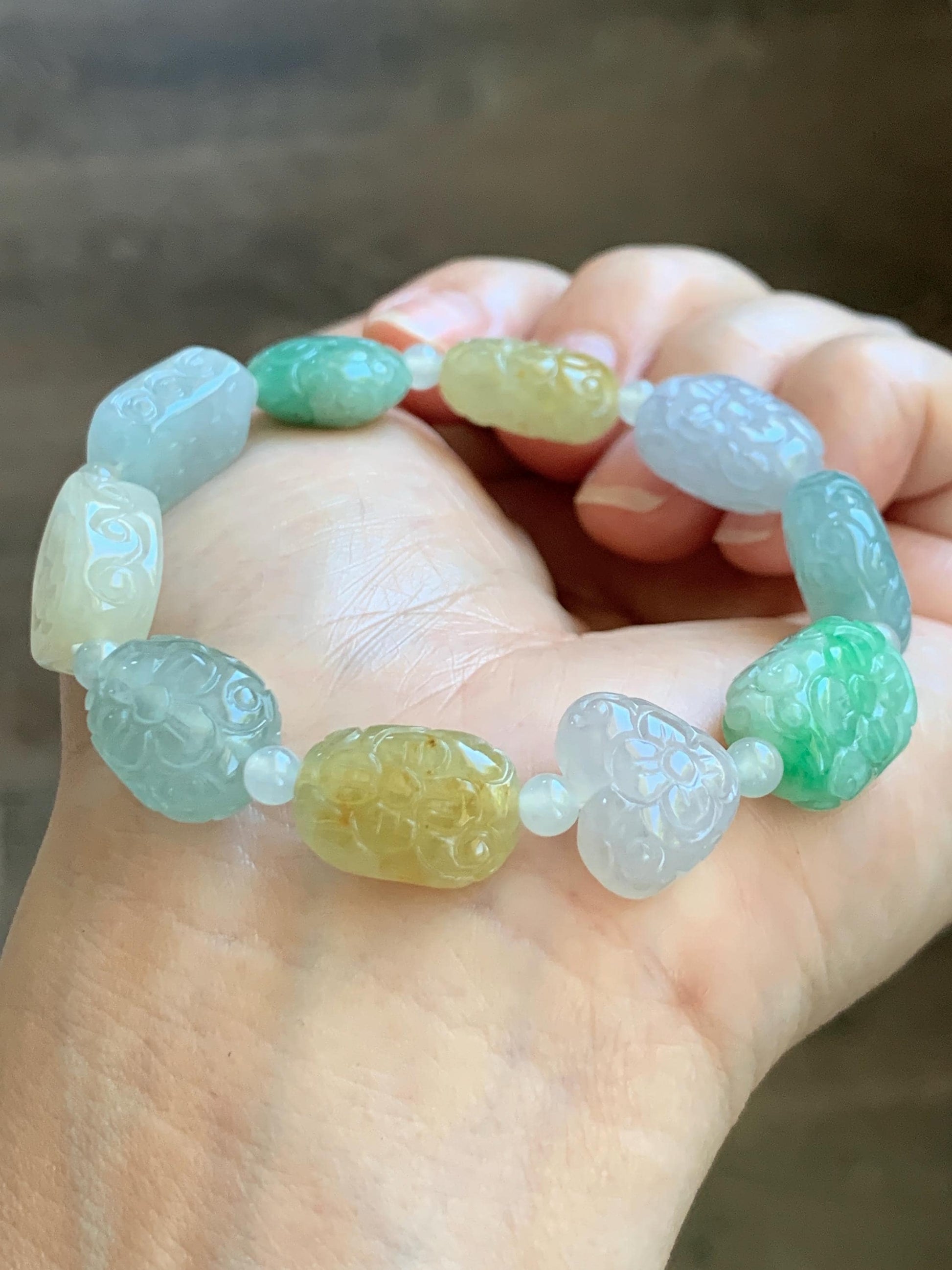 Natural Grade A Icy Highly Translucent Multicolored Jade Jadeite Engraved Retro Beads Beaded Bracelet 6.75” 30g 天然冰胶多宝翡翠雕刻随形珠手串 MDB650
