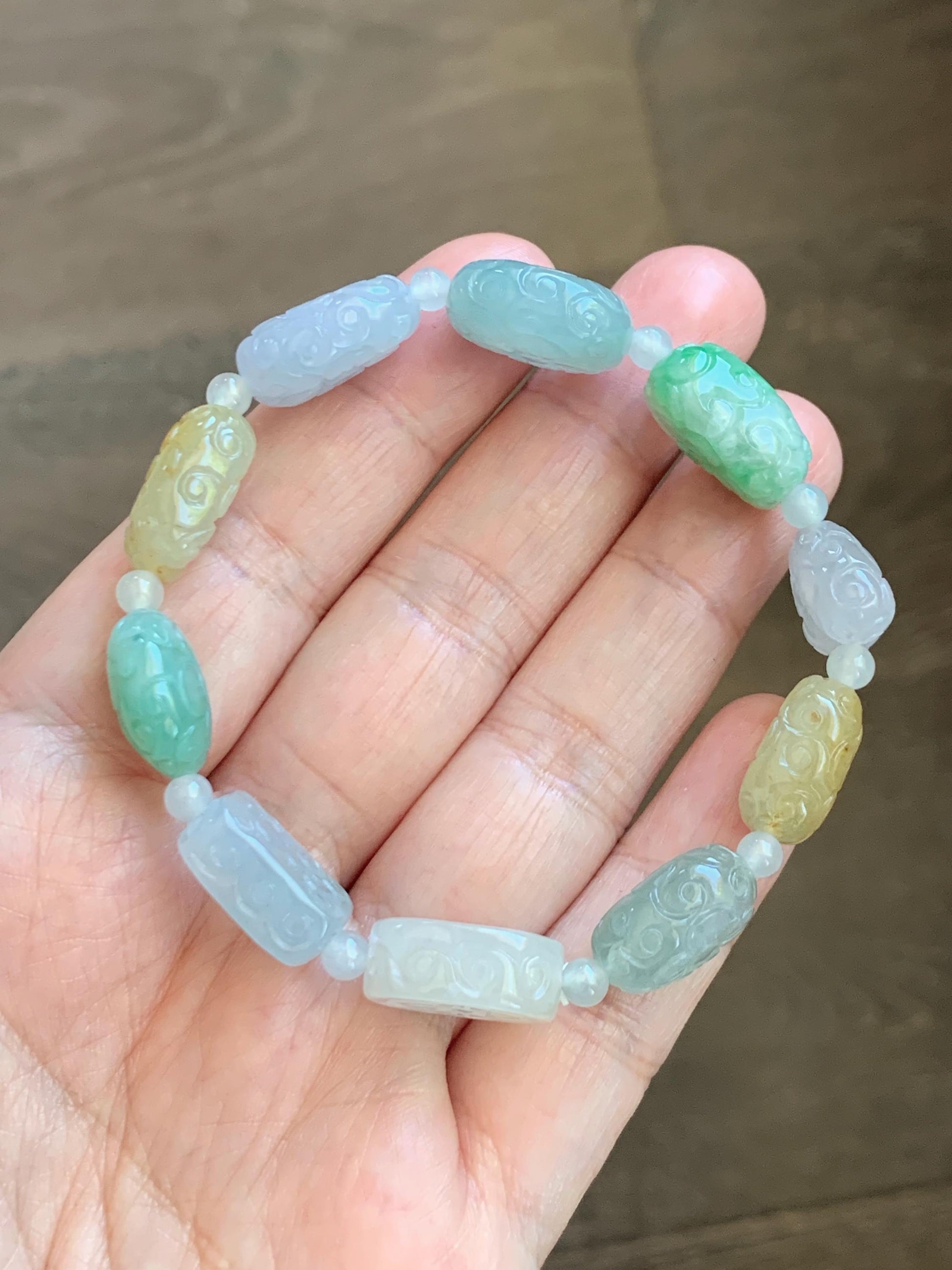 Natural Grade A Icy Highly Translucent Multicolored Jade Jadeite Engraved Retro Beads Beaded Bracelet 6.75” 30g 天然冰胶多宝翡翠雕刻随形珠手串 MDB650