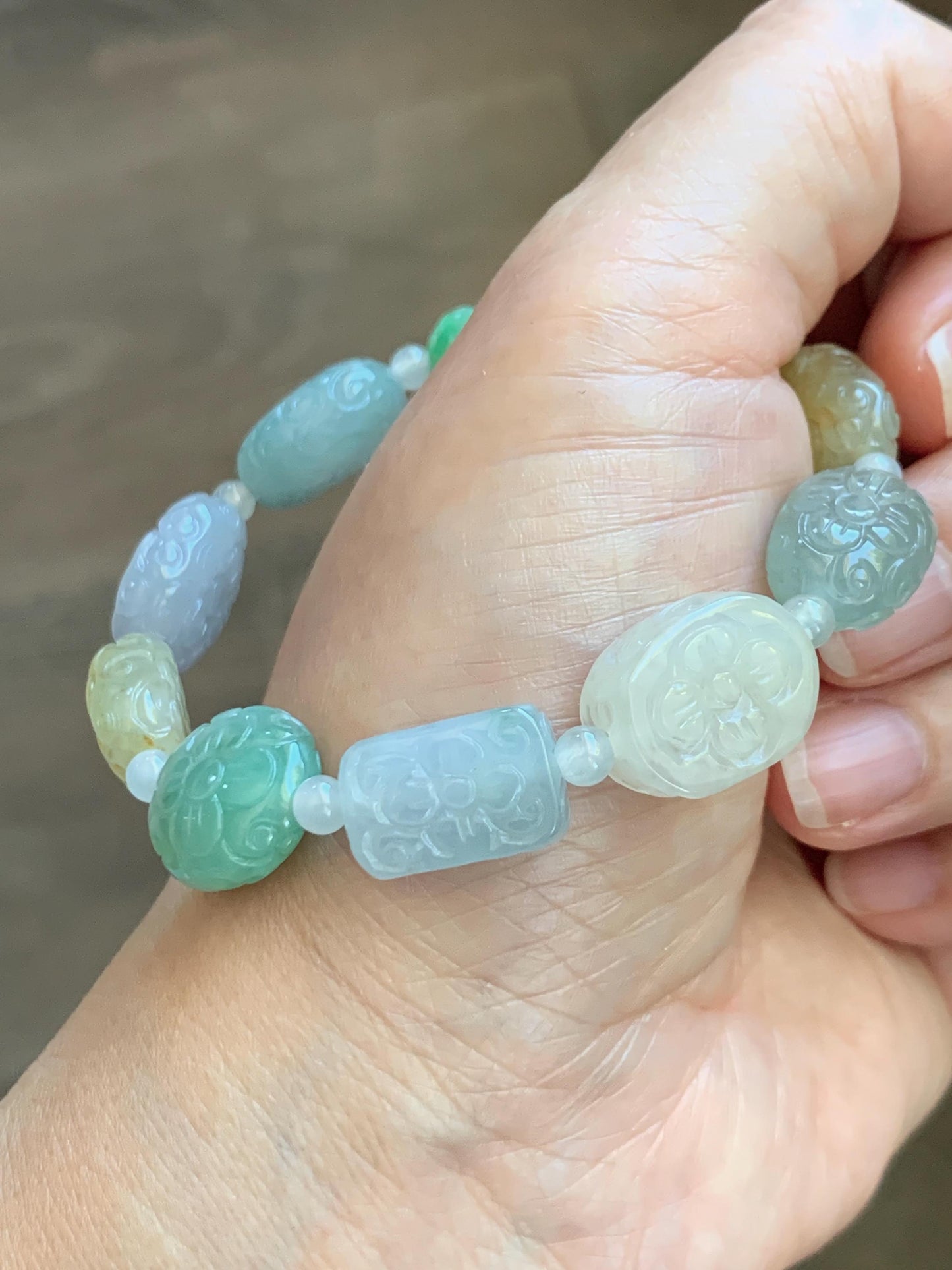 Natural Grade A Icy Highly Translucent Multicolored Jade Jadeite Engraved Retro Beads Beaded Bracelet 6.75” 30g 天然冰胶多宝翡翠雕刻随形珠手串 MDB650