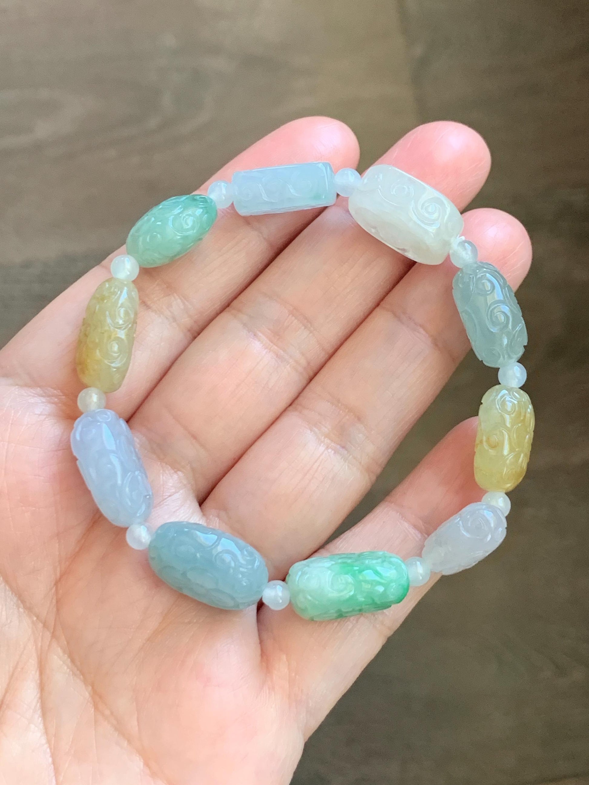 Natural Grade A Icy Highly Translucent Multicolored Jade Jadeite Engraved Retro Beads Beaded Bracelet 6.75” 30g 天然冰胶多宝翡翠雕刻随形珠手串 MDB650