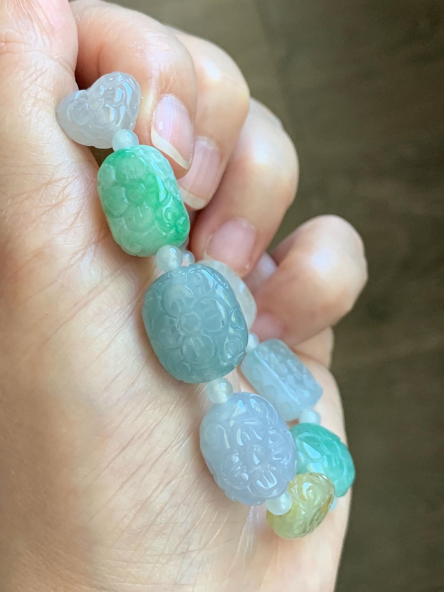 Natural Grade A Icy Highly Translucent Multicolored Jade Jadeite Engraved Retro Beads Beaded Bracelet 6.75” 30g 天然冰胶多宝翡翠雕刻随形珠手串 MDB650