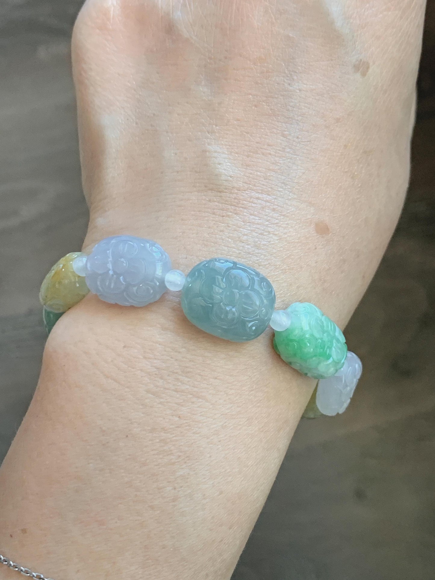 Natural Grade A Icy Highly Translucent Multicolored Jade Jadeite Engraved Retro Beads Beaded Bracelet 6.75” 30g 天然冰胶多宝翡翠雕刻随形珠手串 MDB650