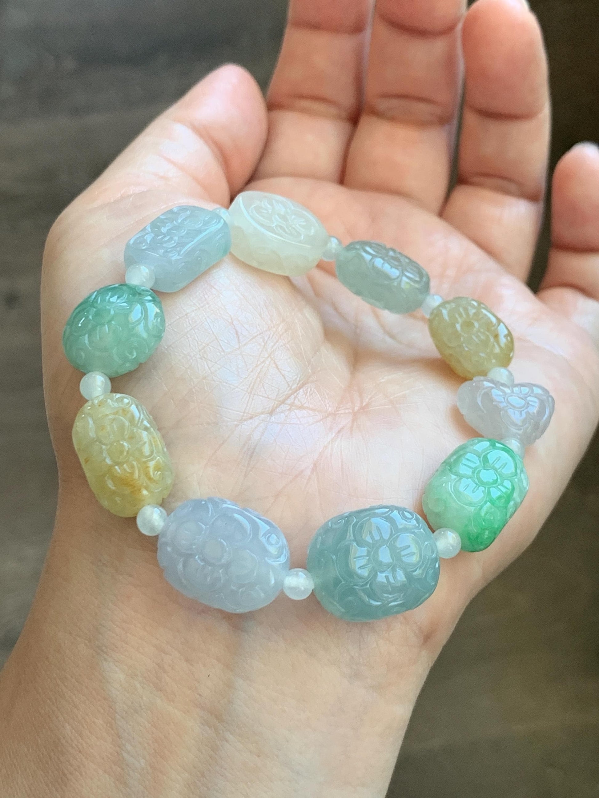Natural Grade A Icy Highly Translucent Multicolored Jade Jadeite Engraved Retro Beads Beaded Bracelet 6.75” 30g 天然冰胶多宝翡翠雕刻随形珠手串 MDB650