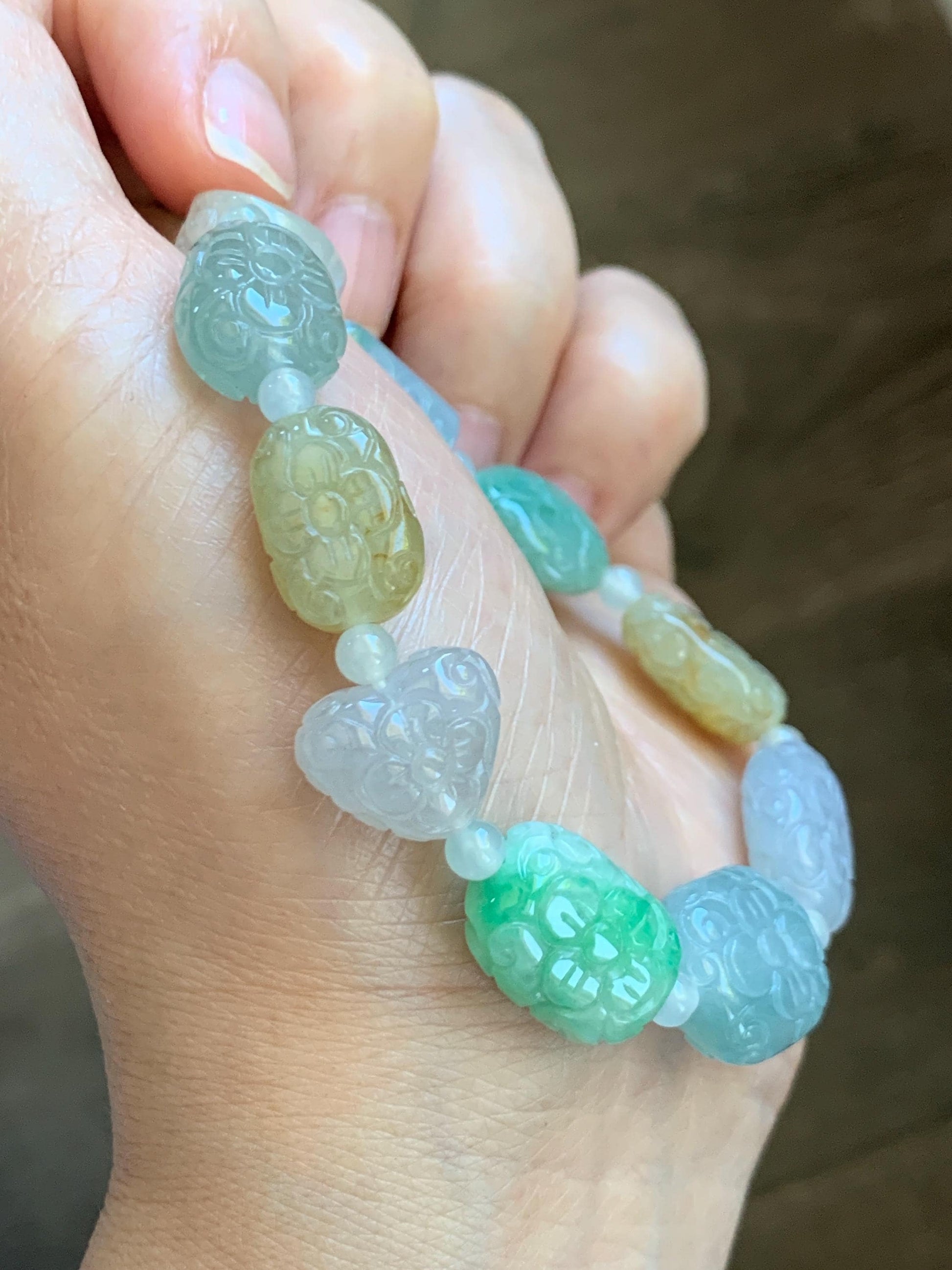 Natural Grade A Icy Highly Translucent Multicolored Jade Jadeite Engraved Retro Beads Beaded Bracelet 6.75” 30g 天然冰胶多宝翡翠雕刻随形珠手串 MDB650