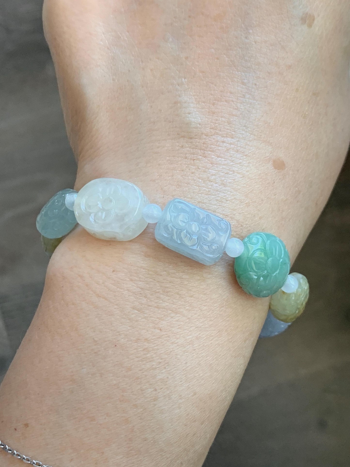 Natural Grade A Icy Highly Translucent Multicolored Jade Jadeite Engraved Retro Beads Beaded Bracelet 6.75” 30g 天然冰胶多宝翡翠雕刻随形珠手串 MDB650