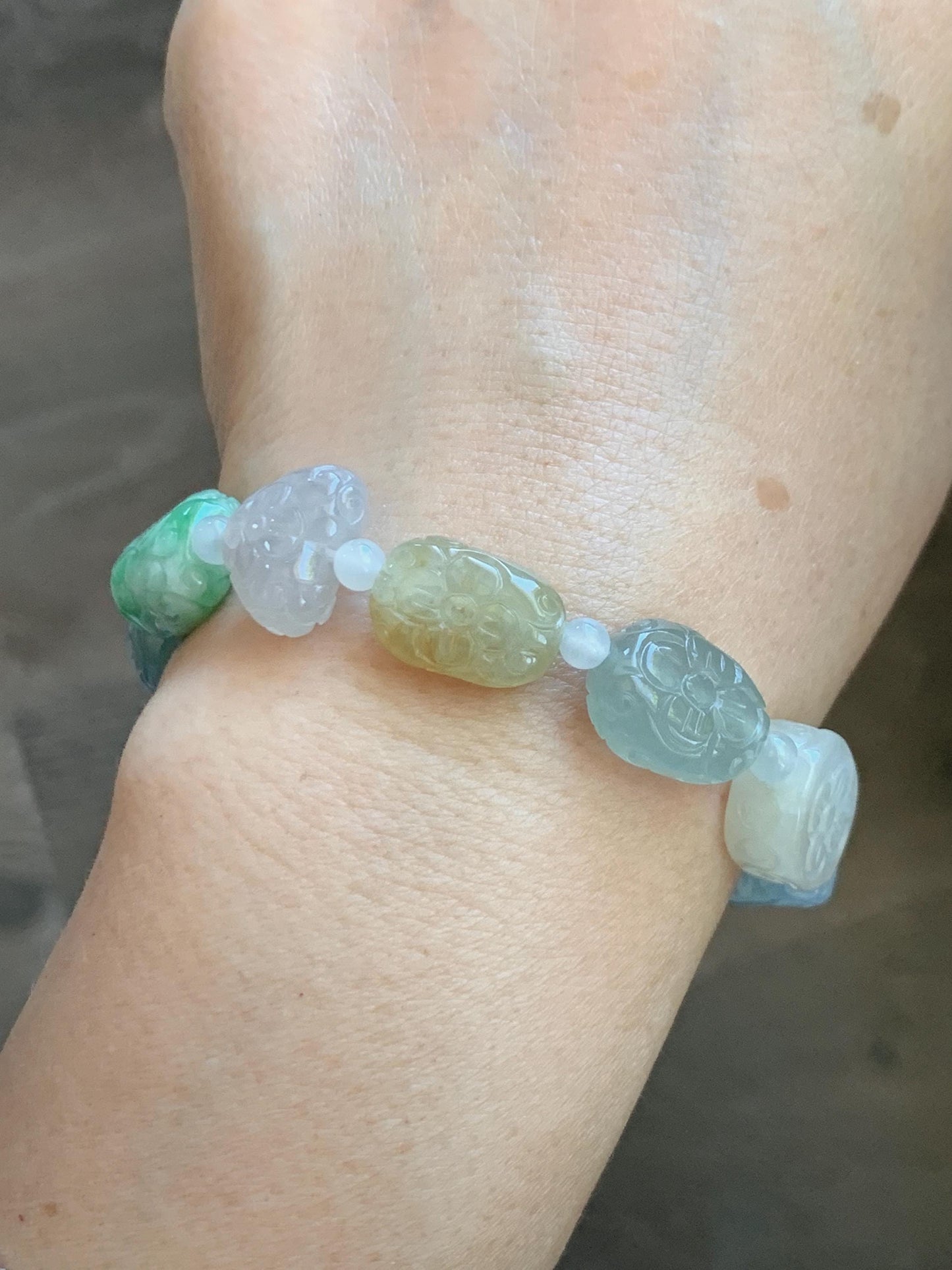Natural Grade A Icy Highly Translucent Multicolored Jade Jadeite Engraved Retro Beads Beaded Bracelet 6.75” 30g 天然冰胶多宝翡翠雕刻随形珠手串 MDB650