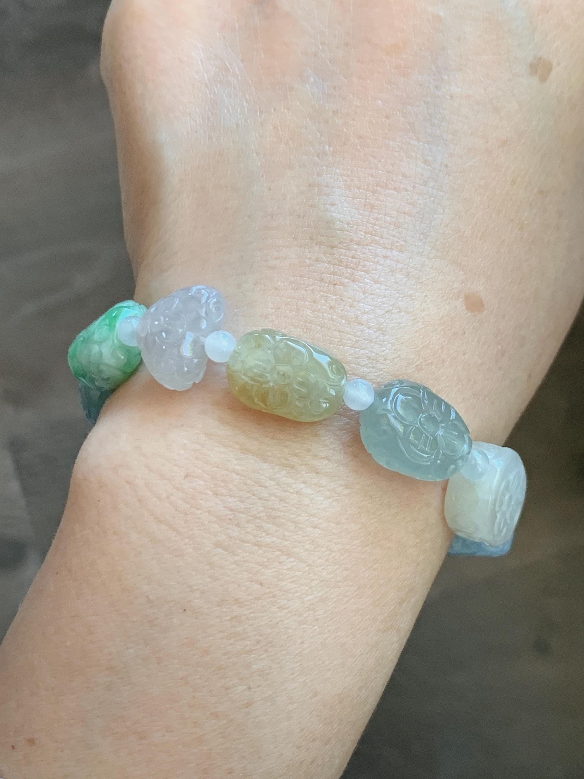 Natural Grade A Icy Highly Translucent Multicolored Jade Jadeite Engraved Retro Beads Beaded Bracelet 6.75” 30g 天然冰胶多宝翡翠雕刻随形珠手串 MDB650