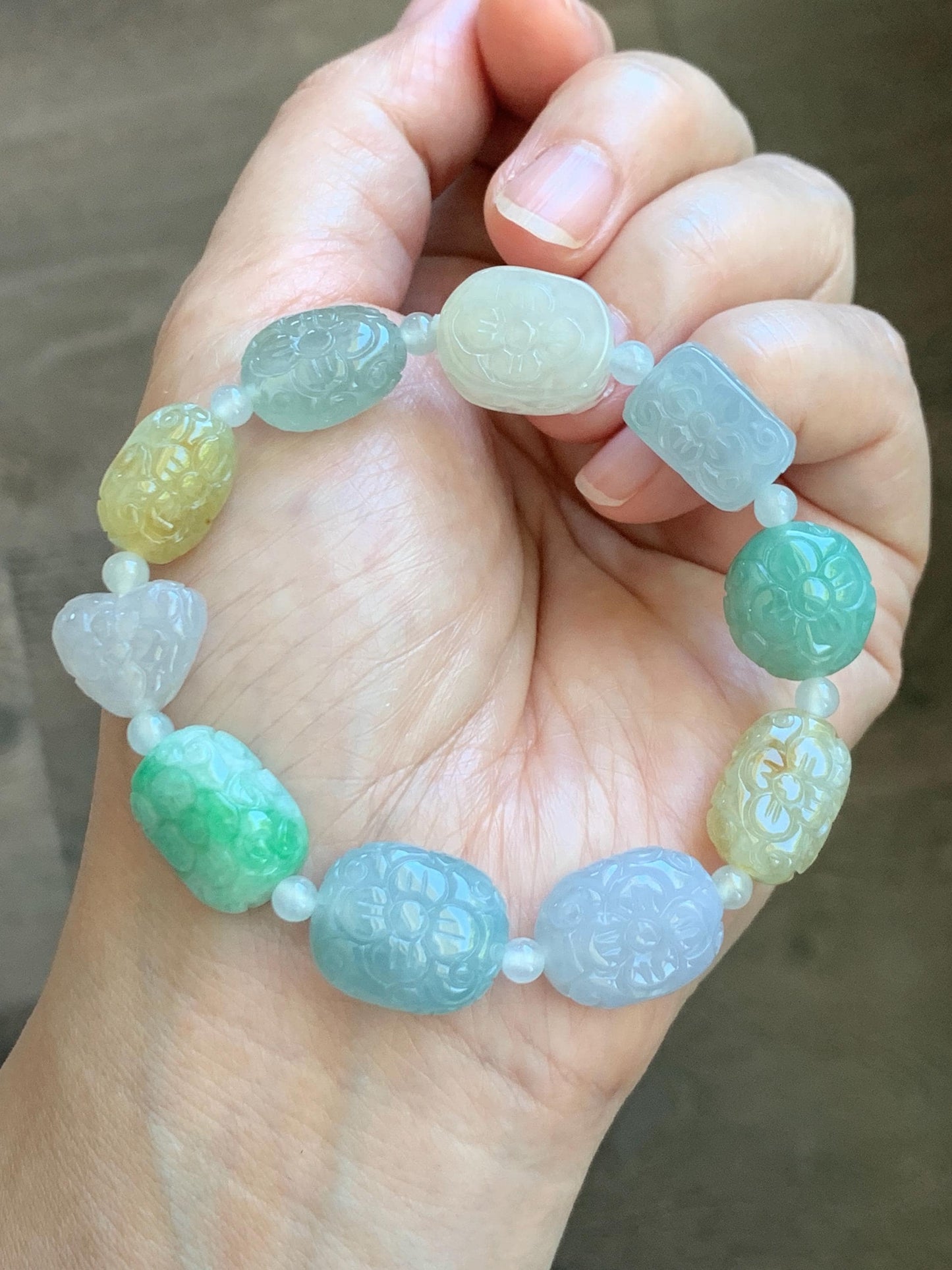 Natural Grade A Icy Highly Translucent Multicolored Jade Jadeite Engraved Retro Beads Beaded Bracelet 6.75” 30g 天然冰胶多宝翡翠雕刻随形珠手串 MDB650
