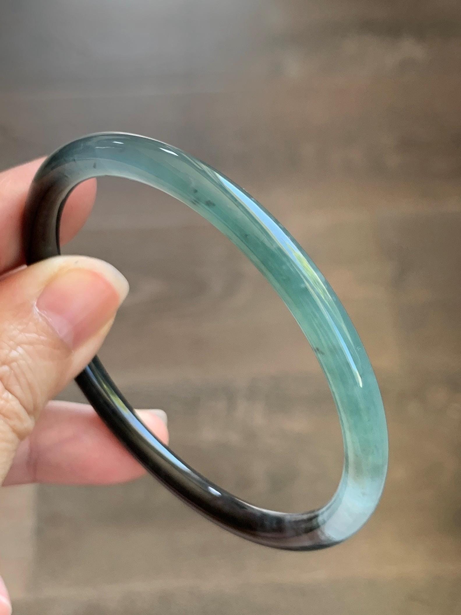 Certified Natural Grade A Guatemalan Icy Translucent Dusty Teal Green Wuji Jade Jadeite Slim Bangle 58.6mm 7.25” 17.7g 天然冰胶危蓝绿乌鸡翡翠细圆条手镯 1179