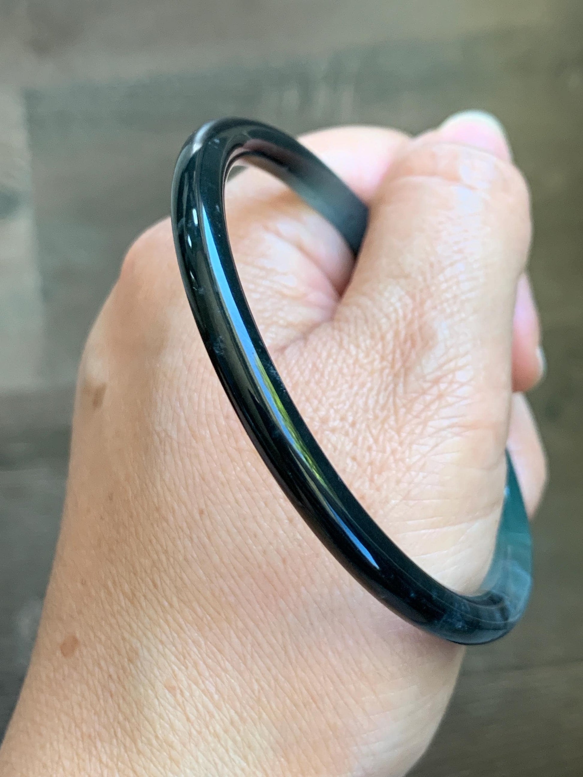 Certified Natural Grade A Guatemalan Icy Translucent Dusty Teal Green Wuji Jade Jadeite Slim Bangle 58.6mm 7.25” 17.7g 天然冰胶危蓝绿乌鸡翡翠细圆条手镯 1179