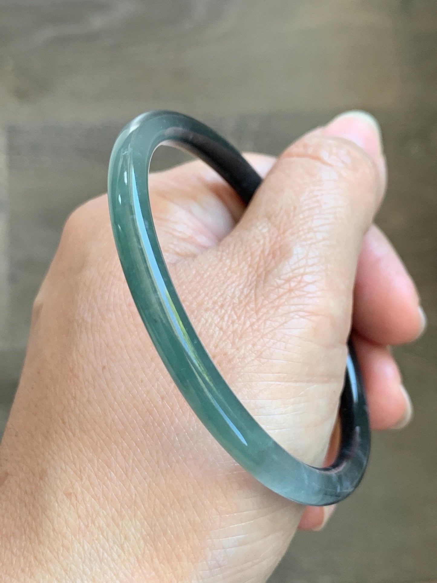 Certified Natural Grade A Guatemalan Icy Translucent Dusty Teal Green Wuji Jade Jadeite Slim Bangle 58.6mm 7.25” 17.7g 天然冰胶危蓝绿乌鸡翡翠细圆条手镯 1179