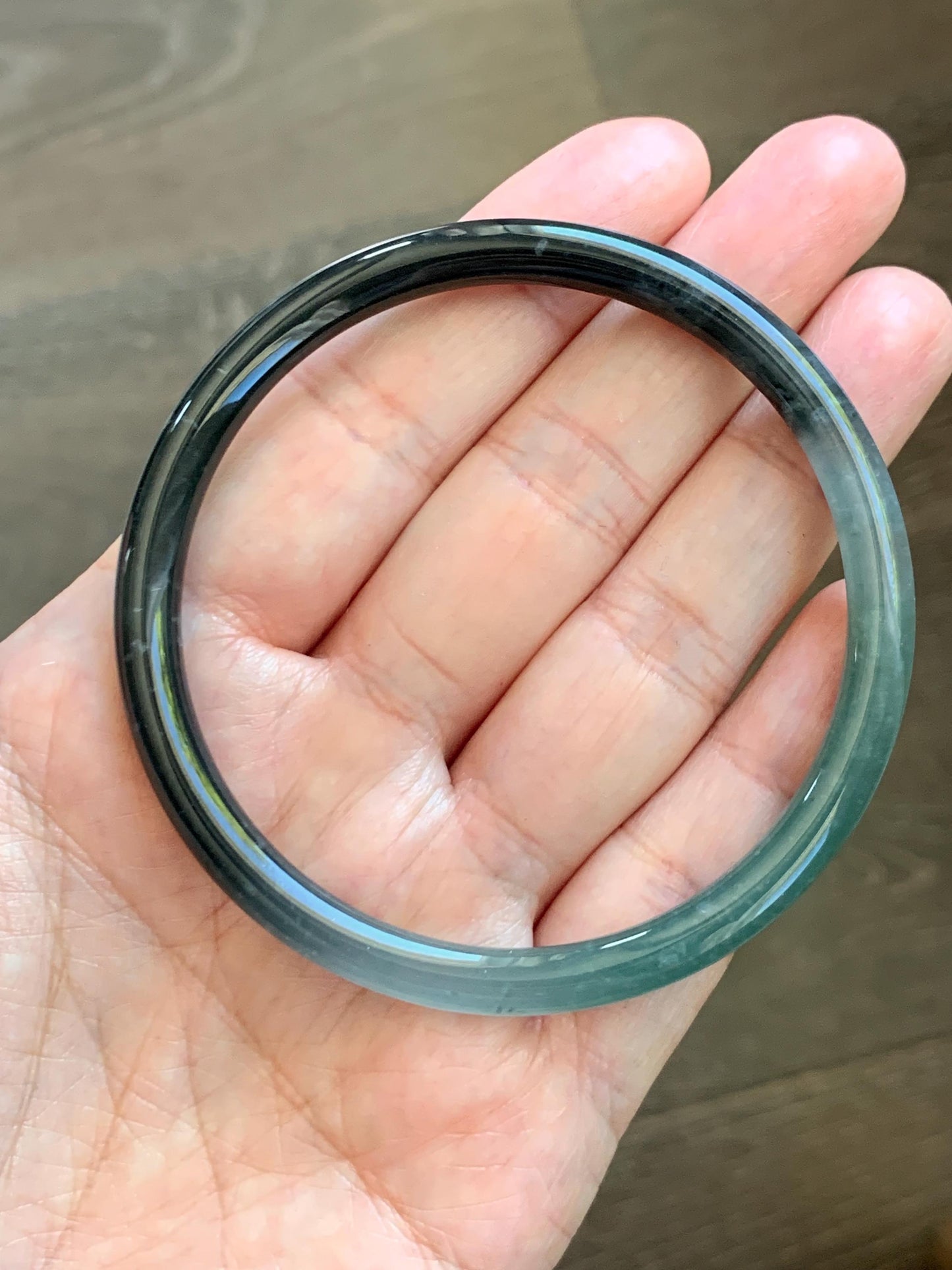 Certified Natural Grade A Guatemalan Icy Translucent Dusty Teal Green Wuji Jade Jadeite Slim Bangle 58.6mm 7.25” 17.7g 天然冰胶危蓝绿乌鸡翡翠细圆条手镯 1179