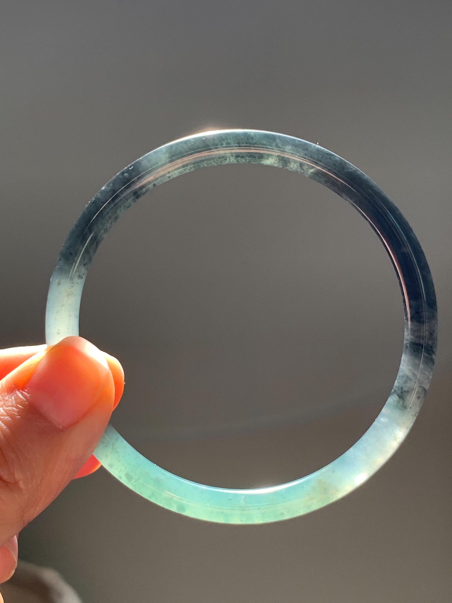 Certified Natural Grade A Guatemalan Icy Translucent Dusty Teal Green Wuji Jade Jadeite Slim Bangle 58.6mm 7.25” 17.7g 天然冰胶危蓝绿乌鸡翡翠细圆条手镯 1179