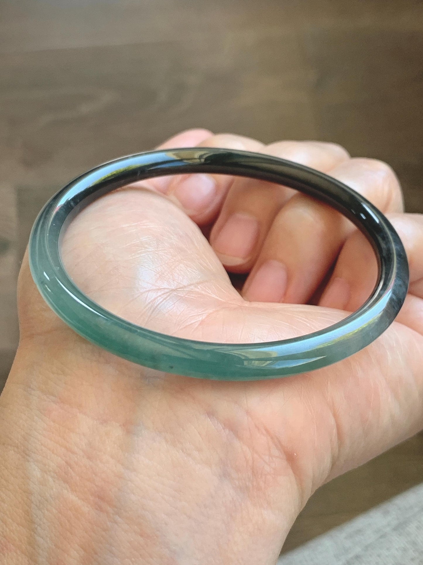 Certified Natural Grade A Guatemalan Icy Translucent Dusty Teal Green Wuji Jade Jadeite Slim Bangle 58.6mm 7.25” 17.7g 天然冰胶危蓝绿乌鸡翡翠细圆条手镯 1179