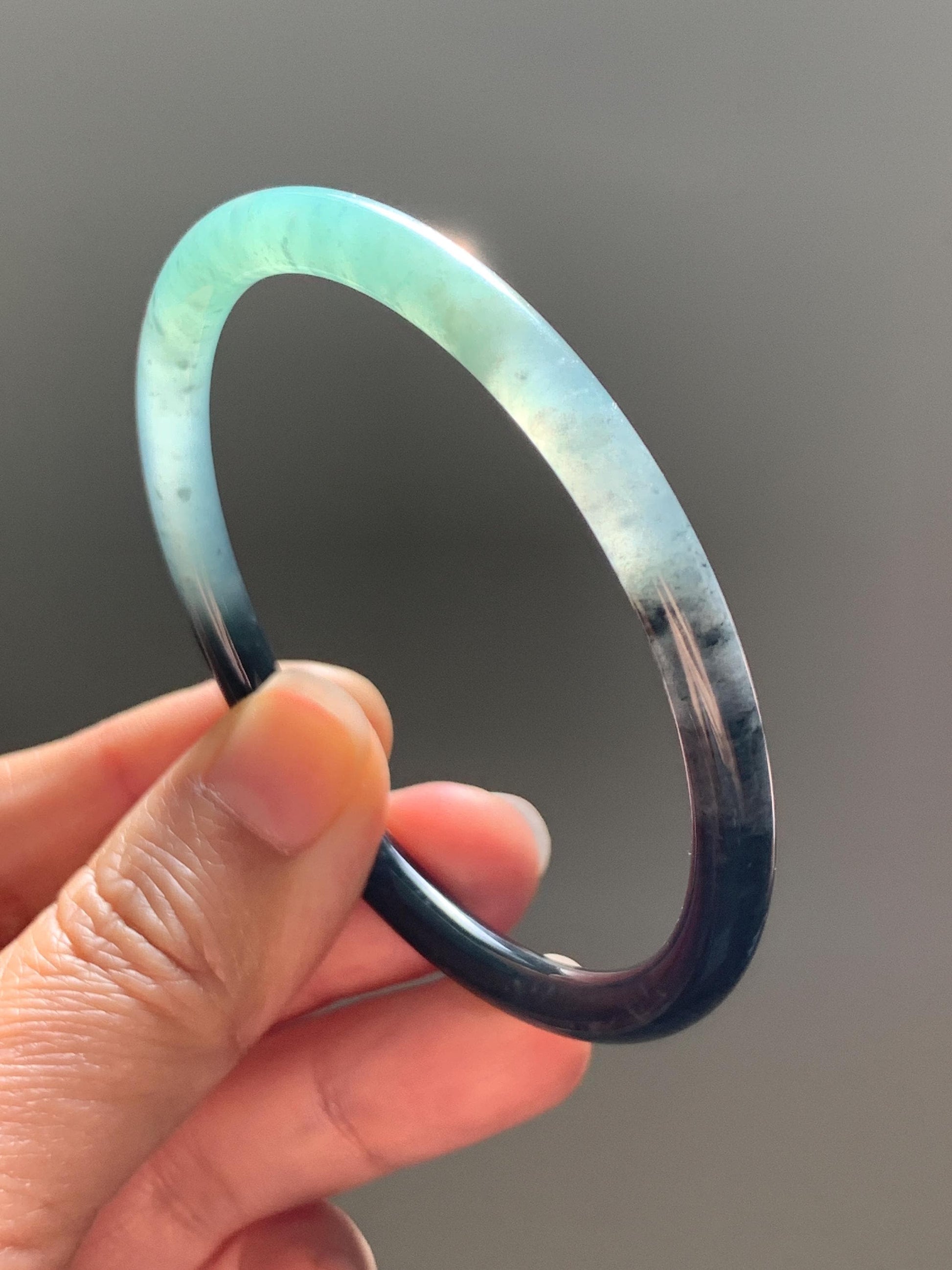 Certified Natural Grade A Guatemalan Icy Translucent Dusty Teal Green Wuji Jade Jadeite Slim Bangle 58.6mm 7.25” 17.7g 天然冰胶危蓝绿乌鸡翡翠细圆条手镯 1179
