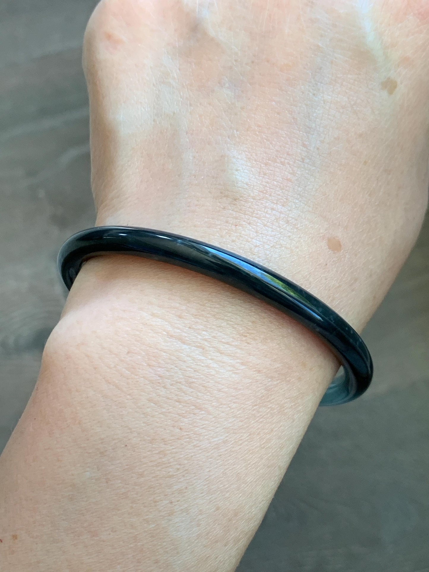 Certified Natural Grade A Guatemalan Icy Translucent Dusty Teal Green Wuji Jade Jadeite Slim Bangle 58.6mm 7.25” 17.7g 天然冰胶危蓝绿乌鸡翡翠细圆条手镯 1179