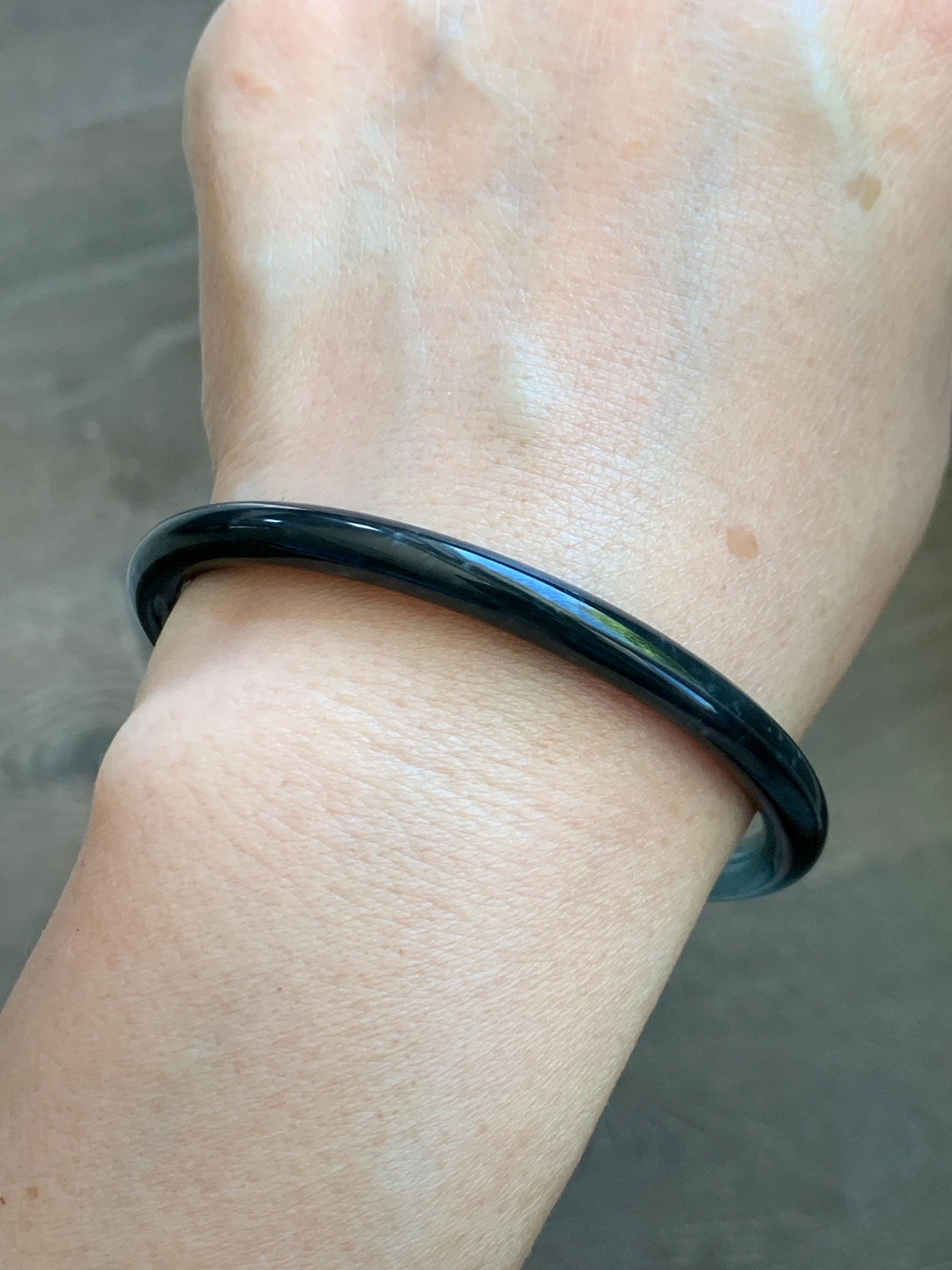 Certified Natural Grade A Guatemalan Icy Translucent Dusty Teal Green Wuji Jade Jadeite Slim Bangle 58.6mm 7.25” 17.7g 天然冰胶危蓝绿乌鸡翡翠细圆条手镯 1179
