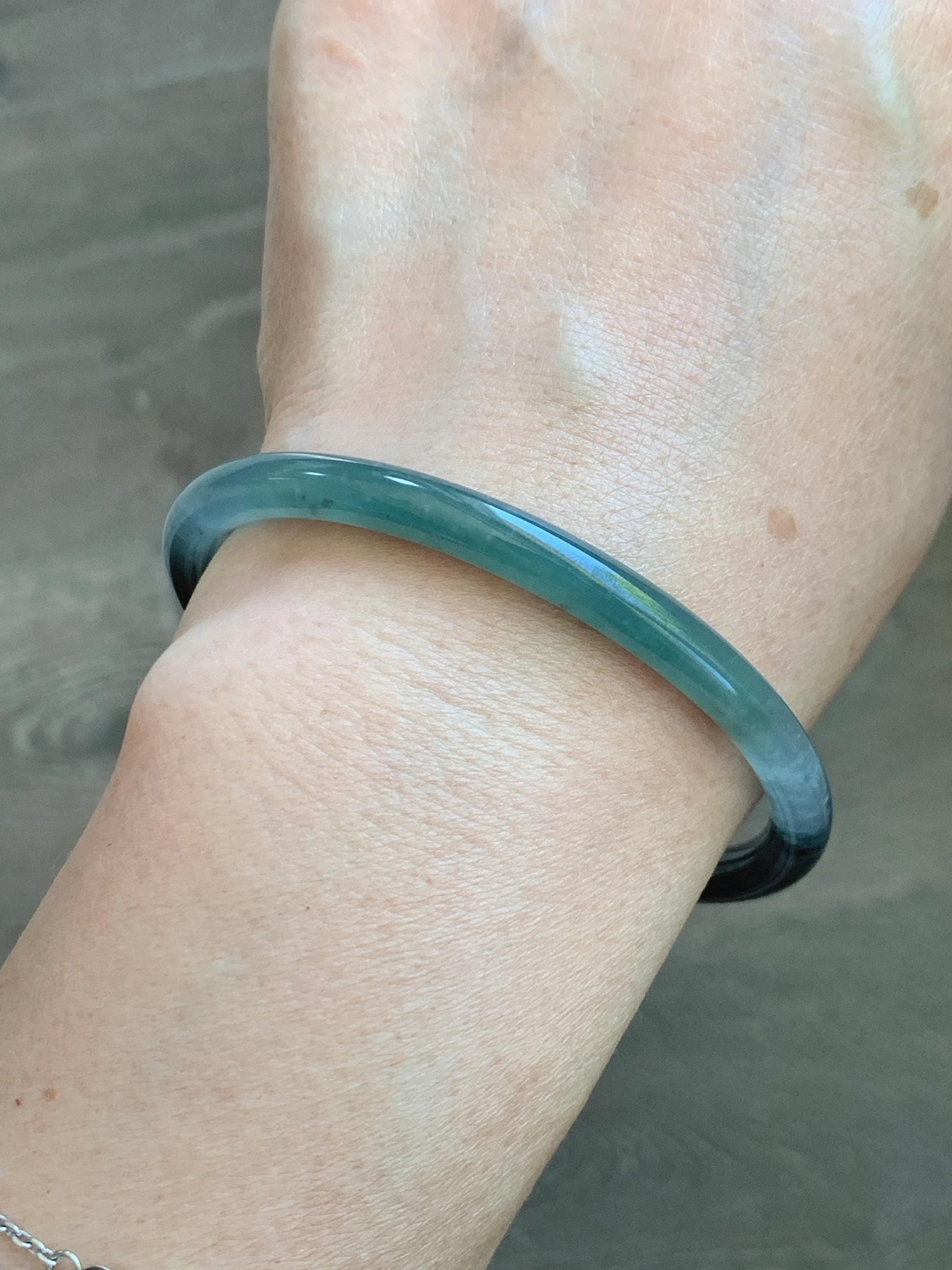 Certified Natural Grade A Guatemalan Icy Translucent Dusty Teal Green Wuji Jade Jadeite Slim Bangle 58.6mm 7.25” 17.7g 天然冰胶危蓝绿乌鸡翡翠细圆条手镯 1179