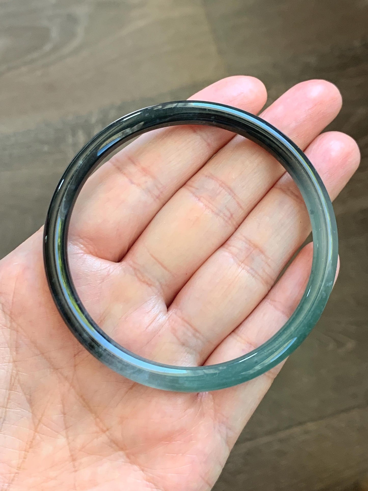 Certified Natural Grade A Guatemalan Icy Translucent Dusty Teal Green Wuji Jade Jadeite Slim Bangle 58.6mm 7.25” 17.7g 天然冰胶危蓝绿乌鸡翡翠细圆条手镯 1179