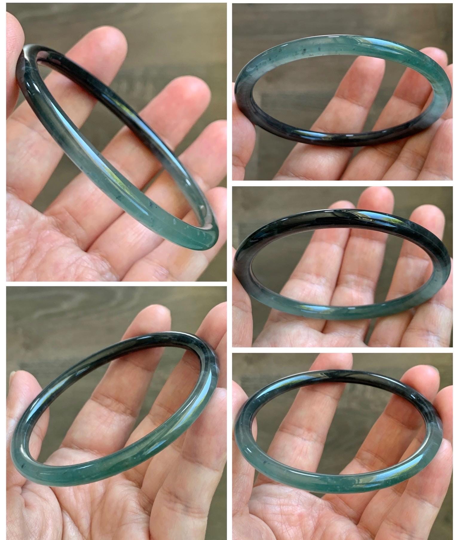 Certified Natural Grade A Guatemalan Icy Translucent Dusty Teal Green Wuji Jade Jadeite Slim Bangle 58.8 7.27” 16.5g 天然冰胶危蓝绿乌鸡翡翠细圆条手镯 1178