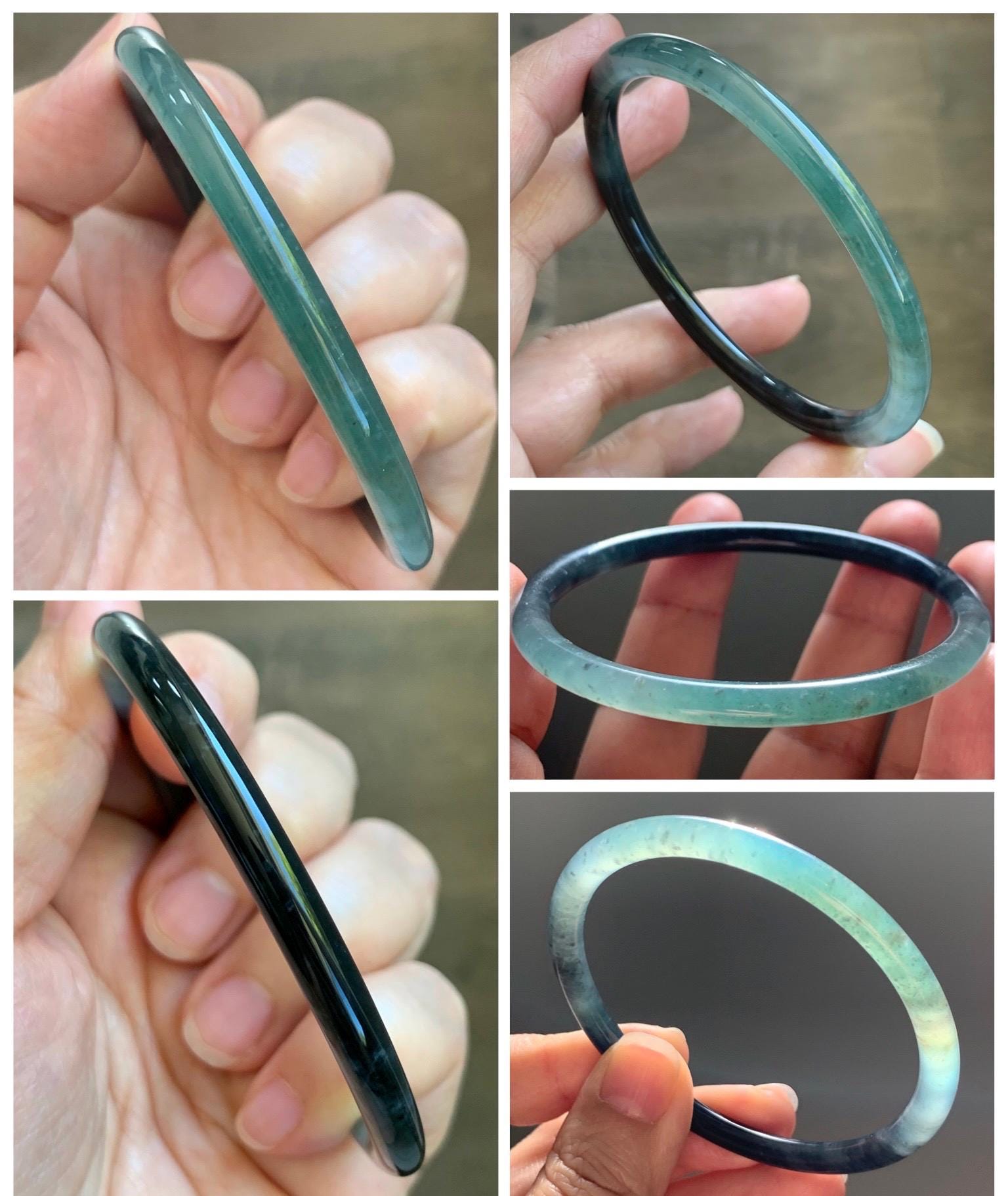 Certified Natural Grade A Guatemalan Icy Translucent Dusty Teal Green Wuji Jade Jadeite Slim Bangle 58.8 7.27” 16.5g 天然冰胶危蓝绿乌鸡翡翠细圆条手镯 1178