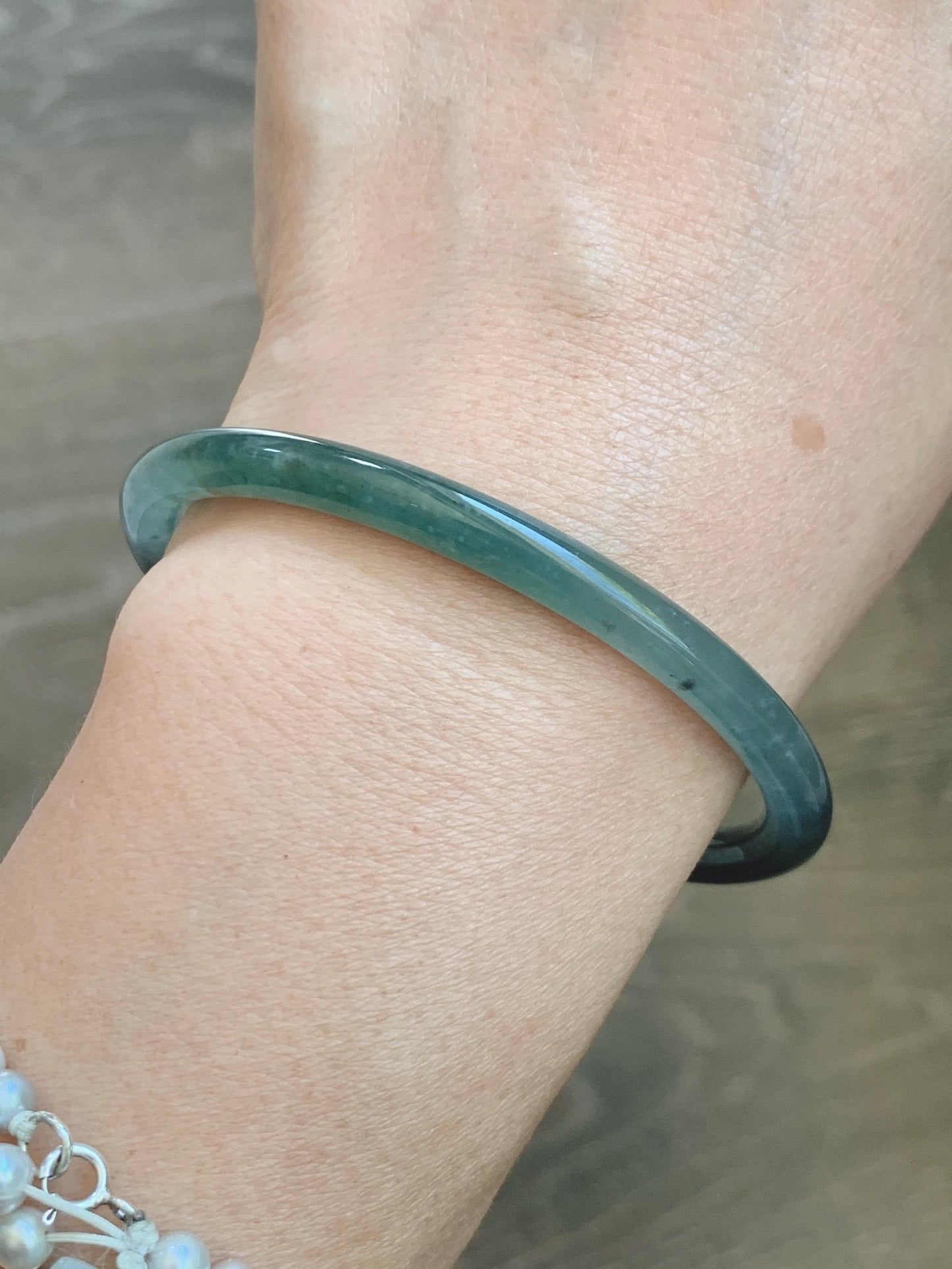 Certified Natural Grade A Guatemalan Icy Translucent Dusty Teal Green Wuji Jade Jadeite Slim Bangle 58.8 7.27” 16.5g 天然冰胶危蓝绿乌鸡翡翠细圆条手镯 1178
