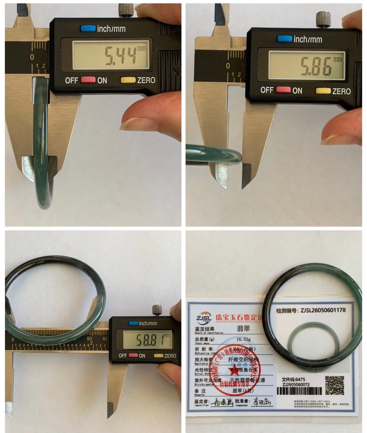 Certified Natural Grade A Guatemalan Icy Translucent Dusty Teal Green Wuji Jade Jadeite Slim Bangle 58.8 7.27” 16.5g 天然冰胶危蓝绿乌鸡翡翠细圆条手镯 1178